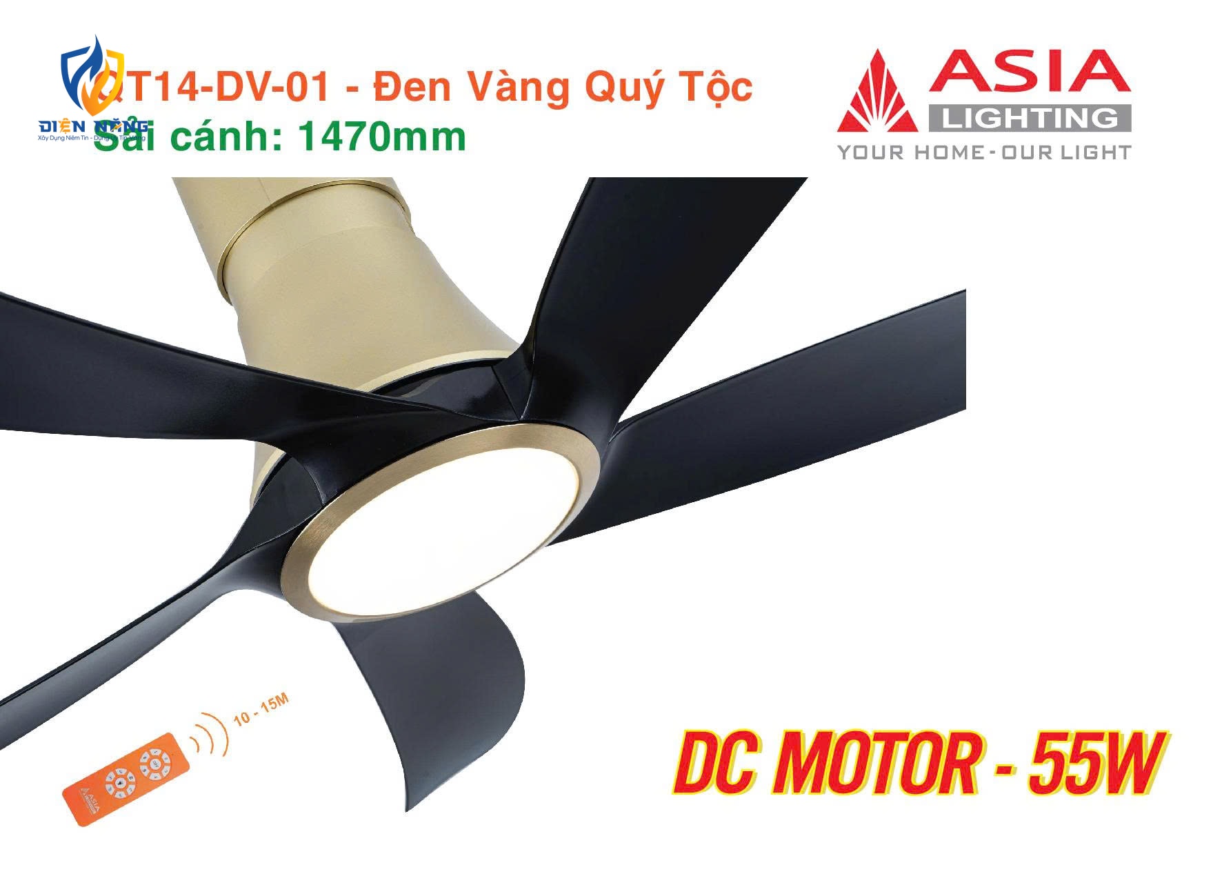 Quạt trần đèn cao cấp 05 cánh QT14 - Đen vàng quý tộc - anh 4