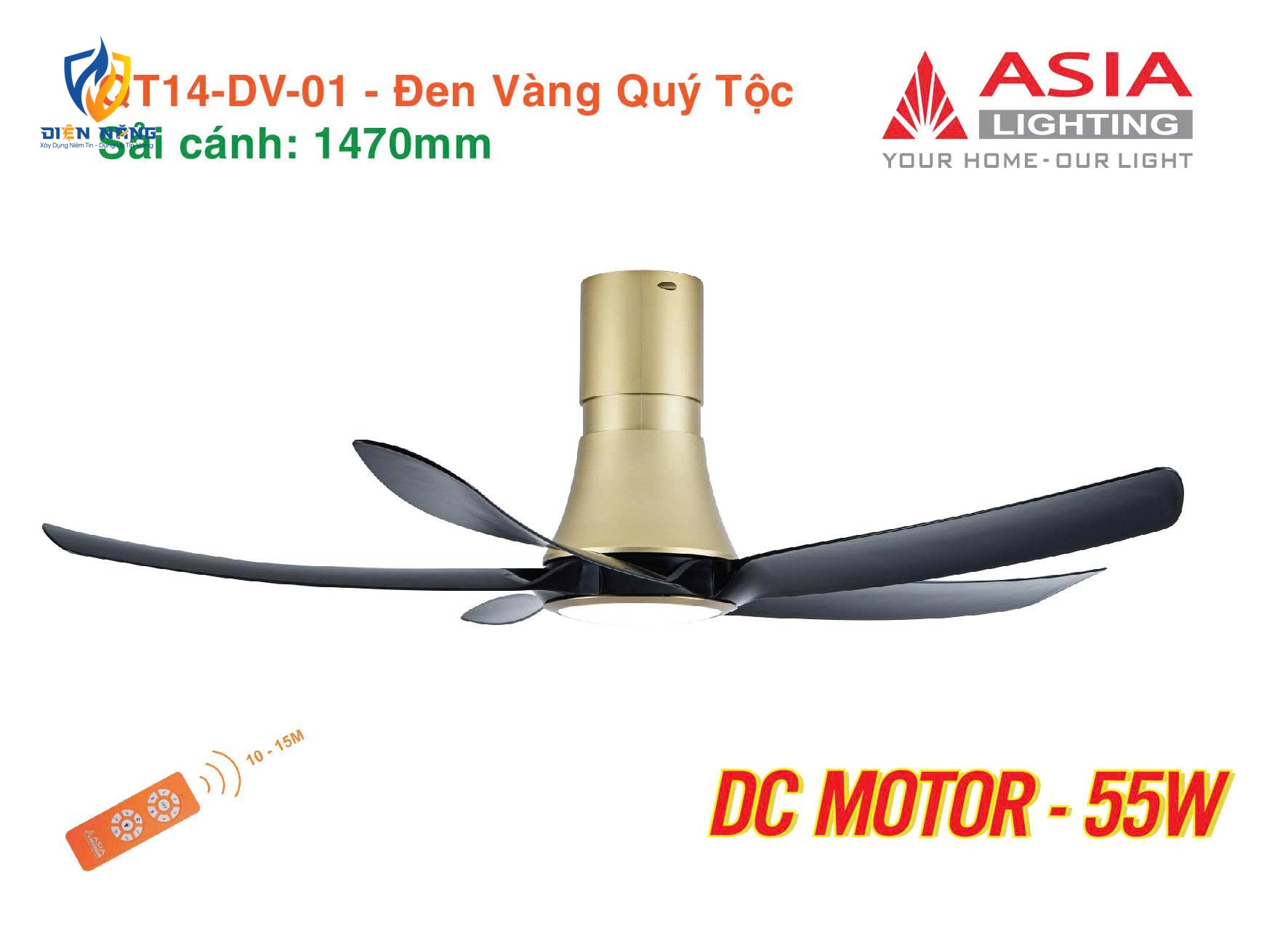 Quạt trần đèn cao cấp 05 cánh QT14 - Đen vàng quý tộc - anh 5
