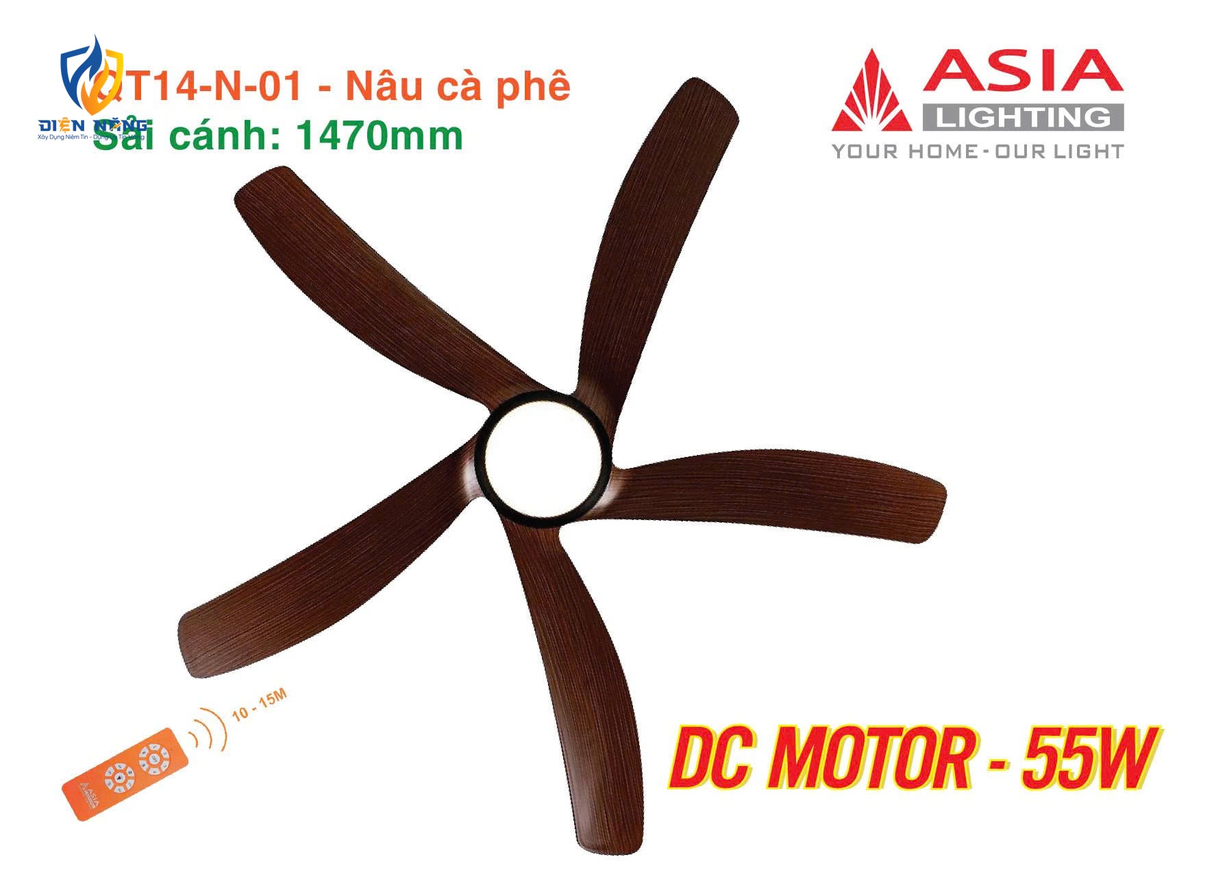 Quạt trần đèn cao cấp 05 cánh QT14 - Nâu cà phê - anh 4