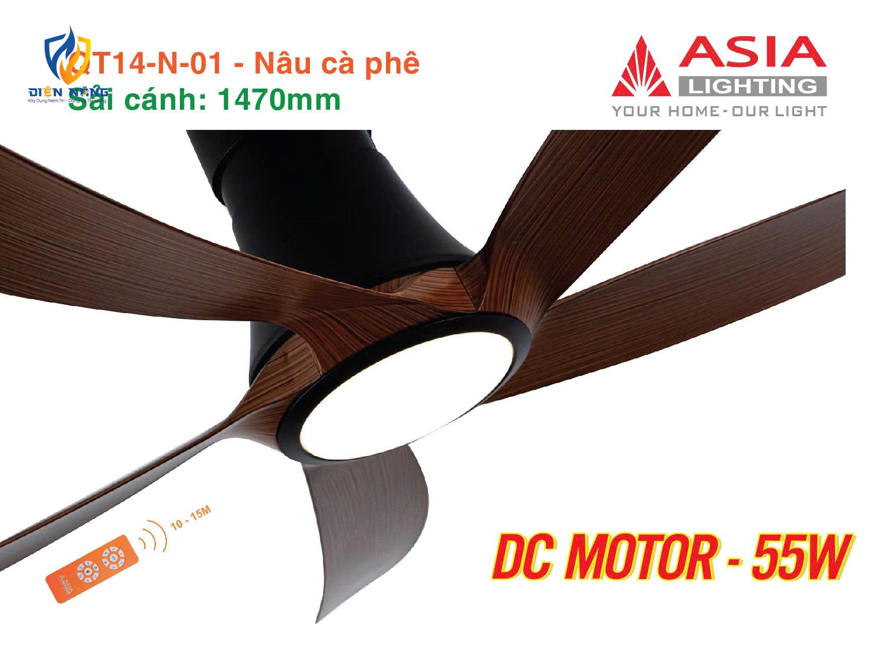 Quạt trần đèn cao cấp 05 cánh QT14 - Nâu cà phê - anh 6