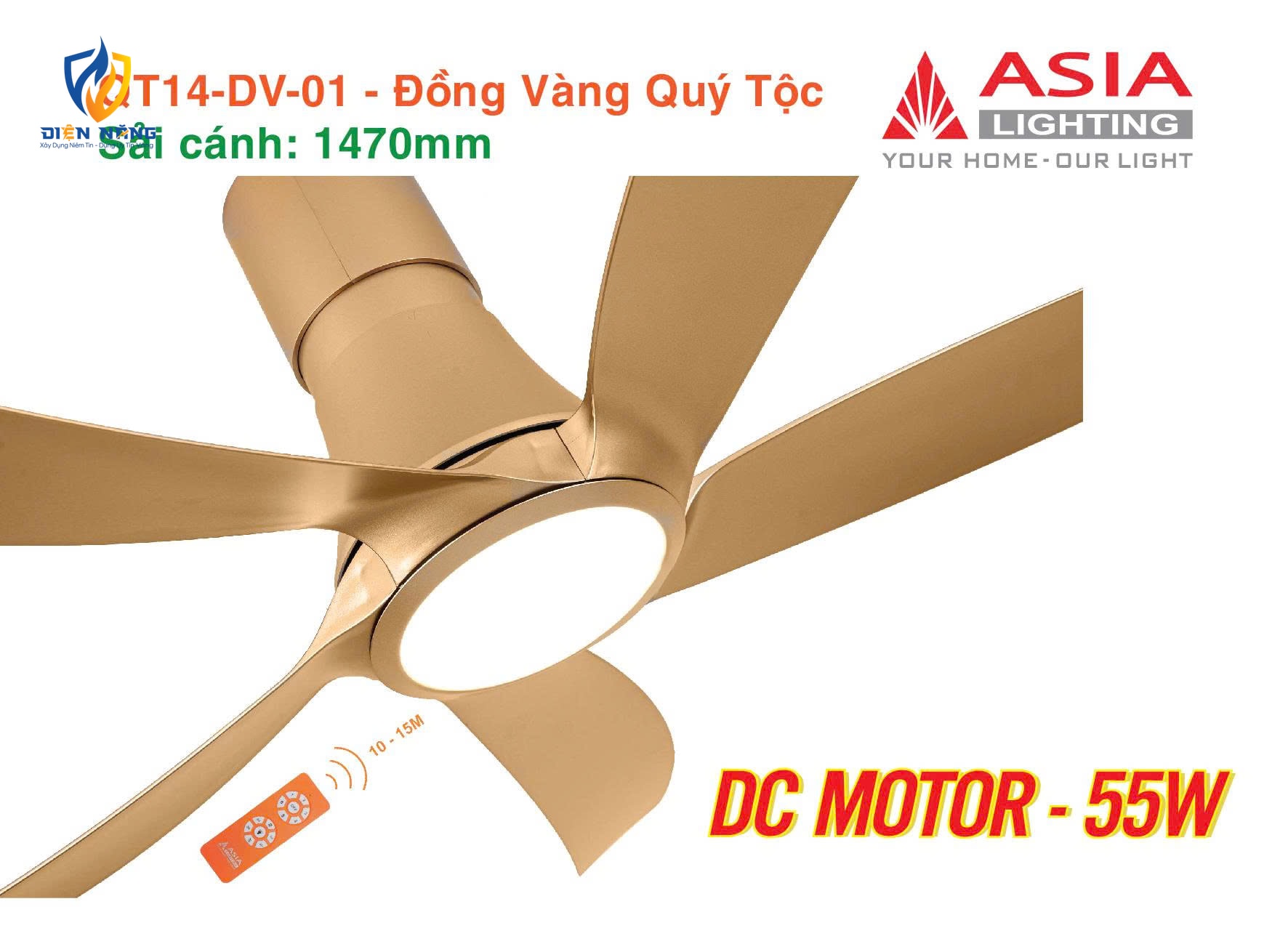 Quạt trần đèn cao cấp 05 cánh QT14 - Đồng vàng - anh 4