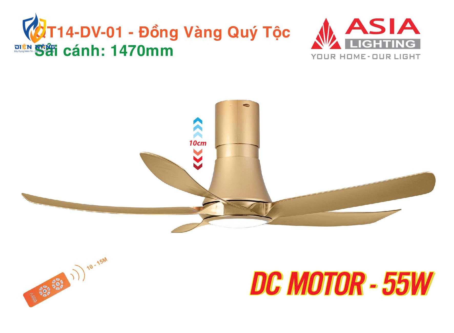 Quạt trần đèn cao cấp 05 cánh QT14 - Đồng vàng - anh 2