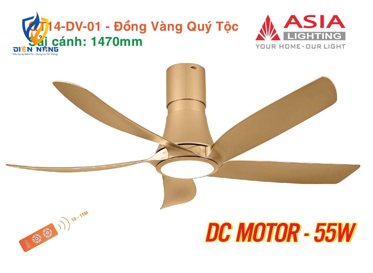 Quạt trần đèn cao cấp 05 cánh QT14 - Đồng vàng