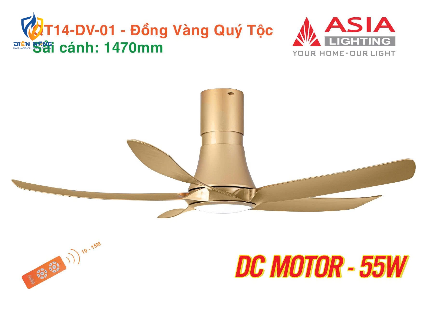 Quạt trần đèn cao cấp 05 cánh QT14 - Đồng vàng - anh 5