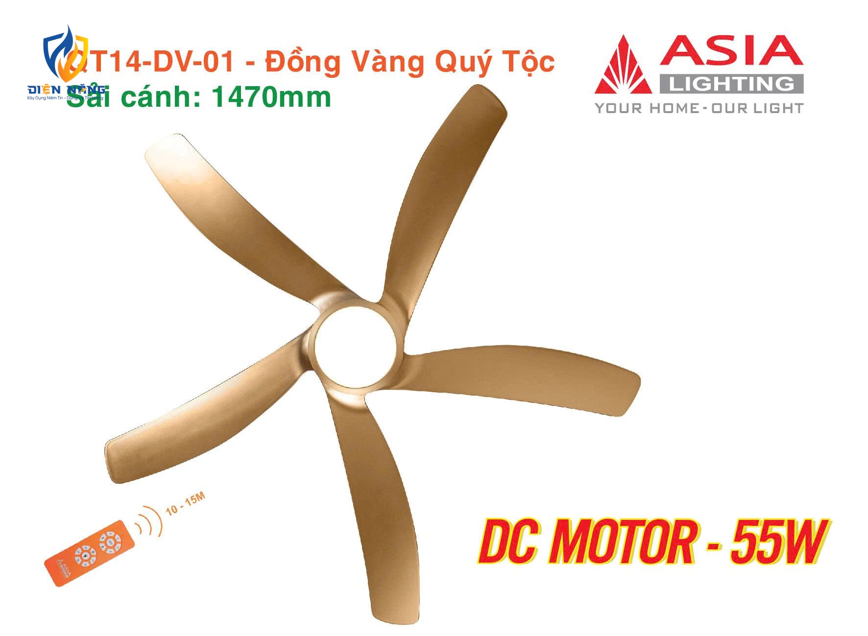 Quạt trần đèn cao cấp 05 cánh QT14 - Đồng vàng - anh 3