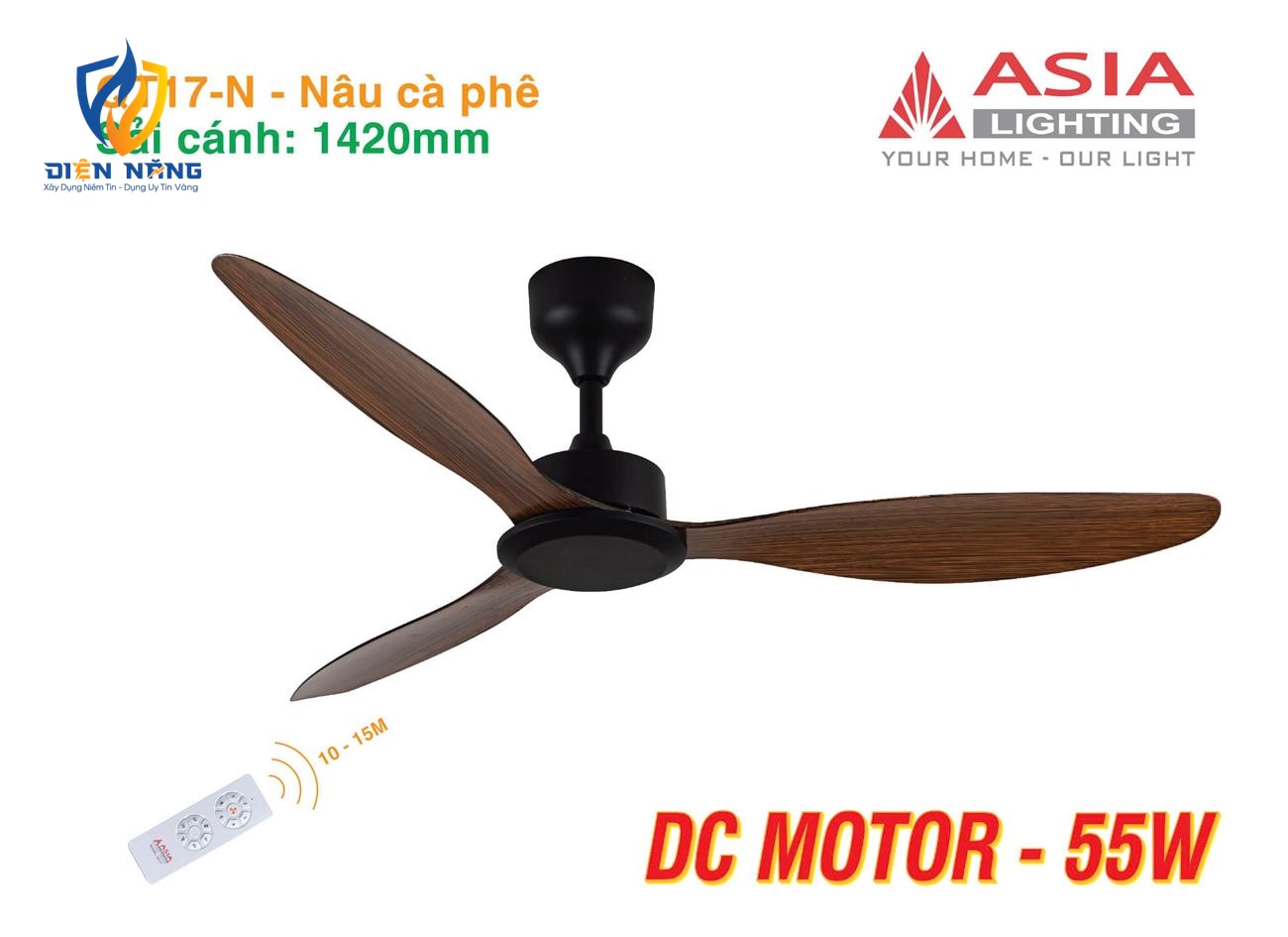 Quạt trần cao cấp 03 cánh QT17 - Nâu cà phê