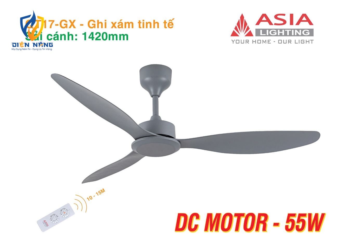 Quạt trần cao cấp 03 cánh QT17 - Ghi xám tinh tế