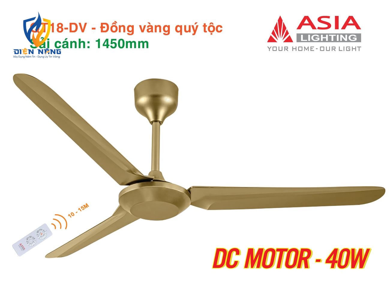 Quạt trần cao cấp 03 cánh QT18 - Đồng vàng quý tộc