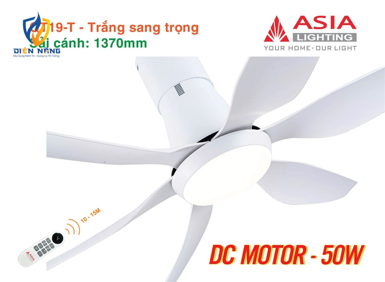 Quạt trần đèn cao cấp 6 cánh - sải cánh 1370 - QT19-T-01 - Trắng sang trọng