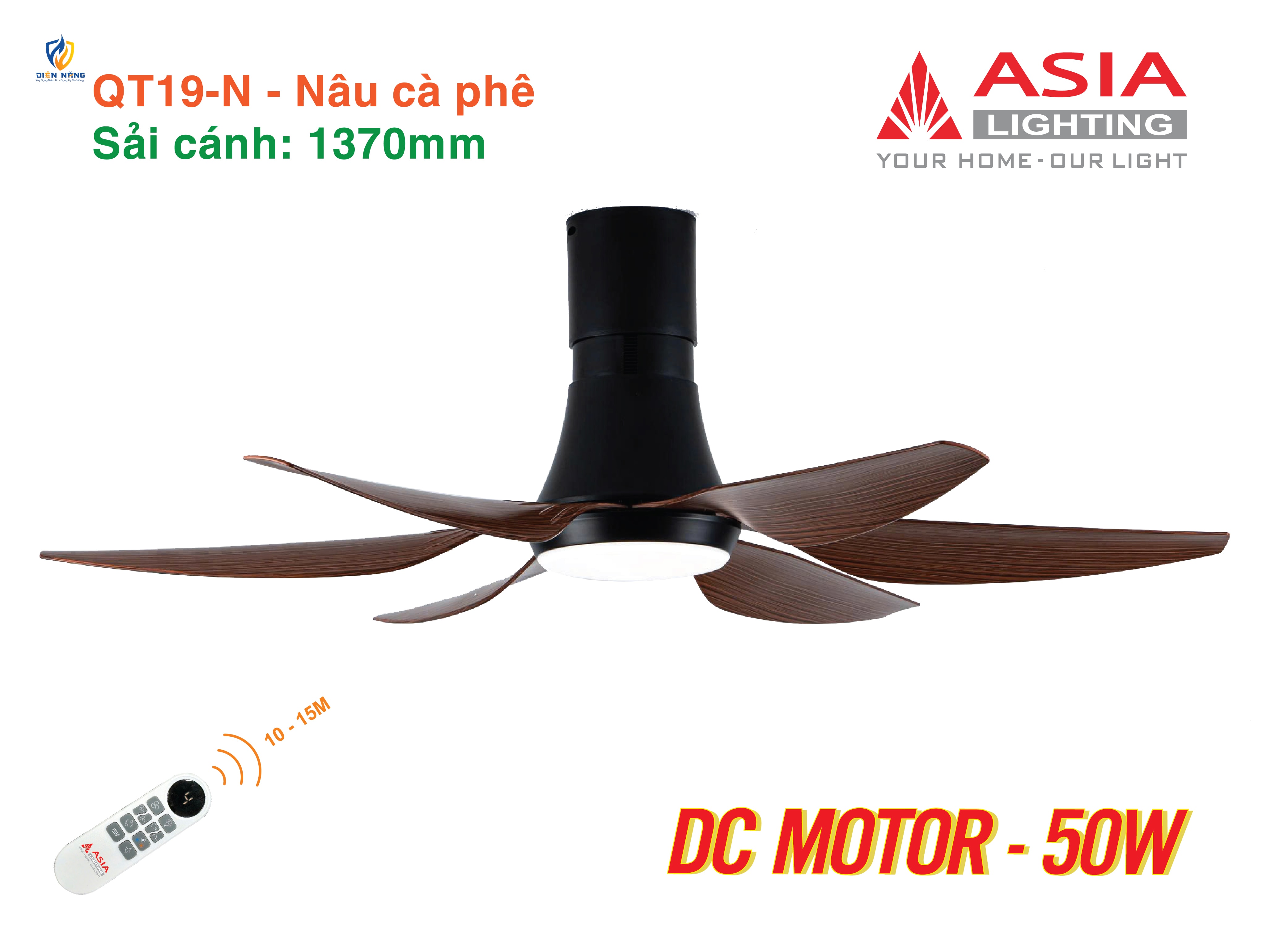 Quạt trần đèn cao cấp 6 cánh - sải cánh 1370 - QT19-T-01 - Nâu cà phê - anh 4