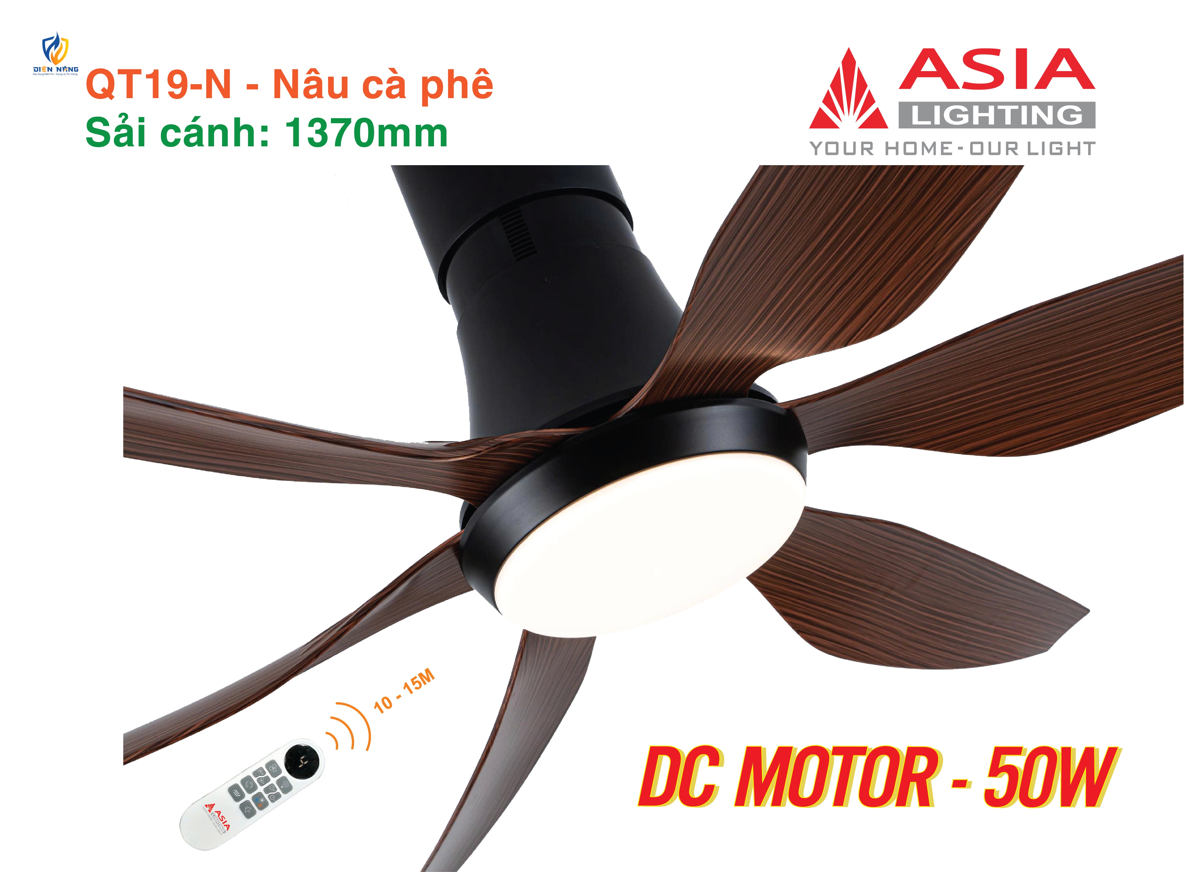 Quạt trần đèn cao cấp 6 cánh - sải cánh 1370 - QT19-T-01 - Nâu cà phê - anh 3