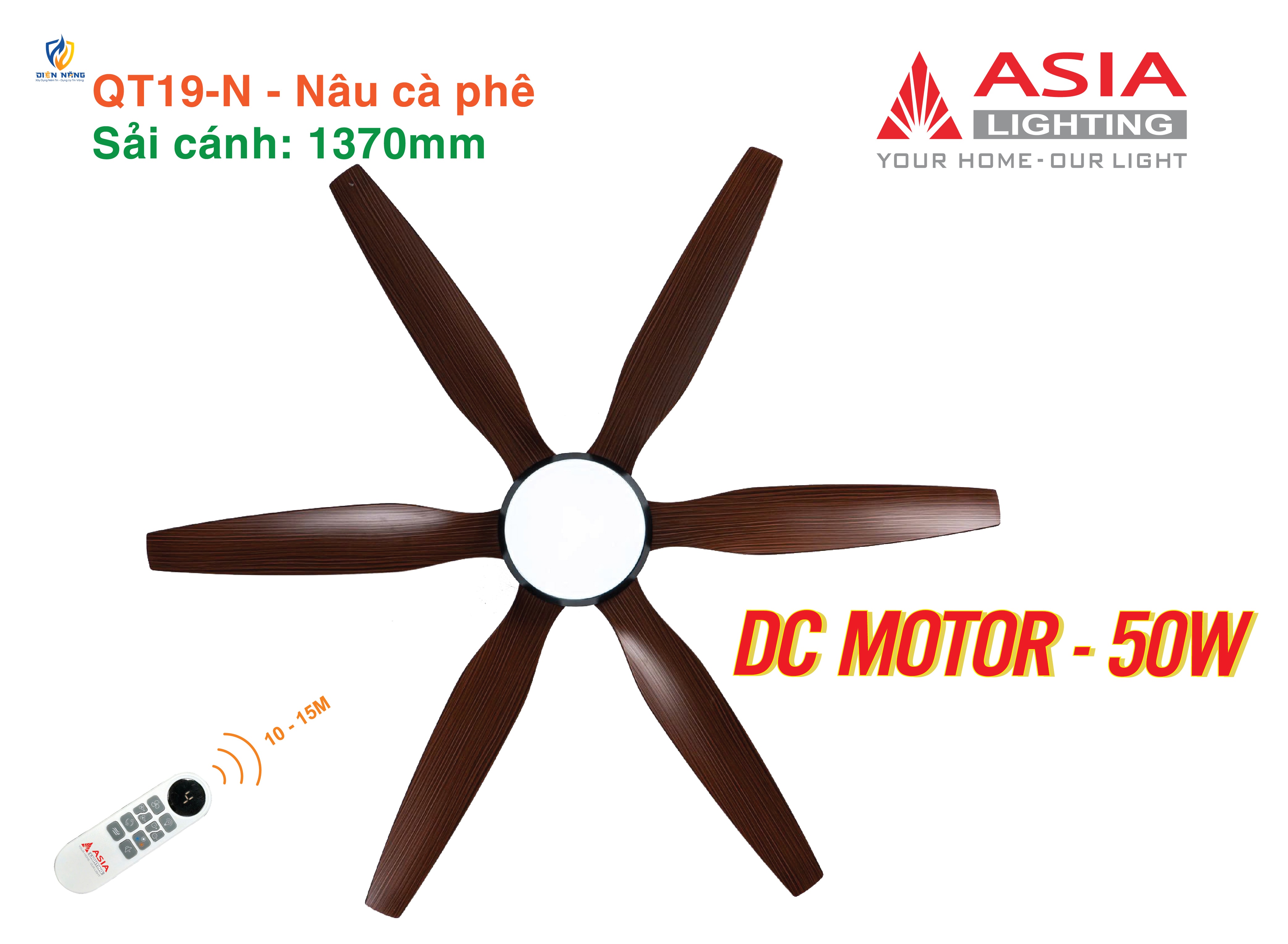 Quạt trần đèn cao cấp 6 cánh - sải cánh 1370 - QT19-T-01 - Nâu cà phê - anh 6