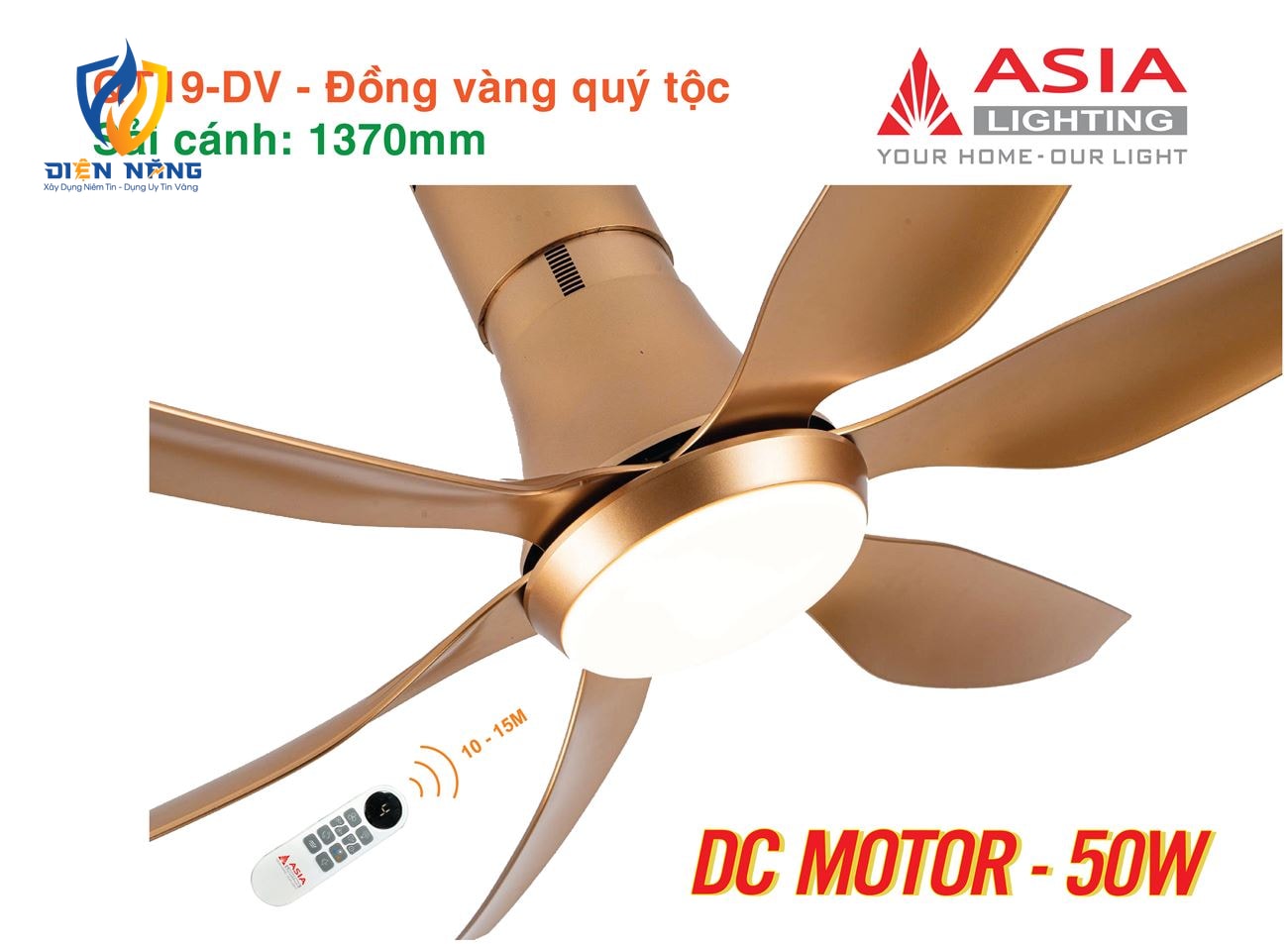 Quạt trần đèn cao cấp 6 cánh - sải cánh 1370 - QT19-T-01 - Đồng vàng quý tộc