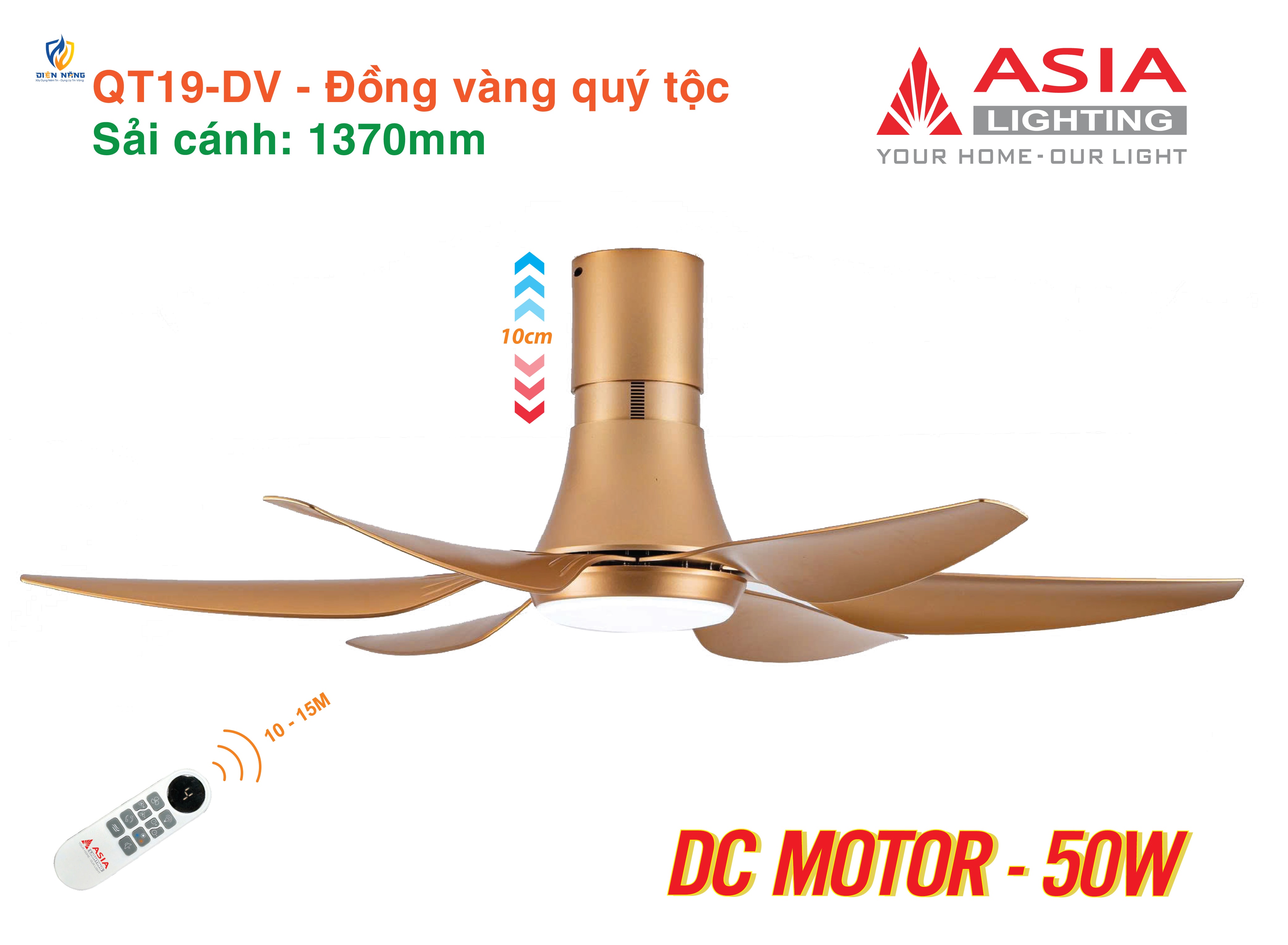 Quạt trần đèn cao cấp 6 cánh - sải cánh 1370 - QT19-T-01 - Đồng vàng quý tộc - anh 2