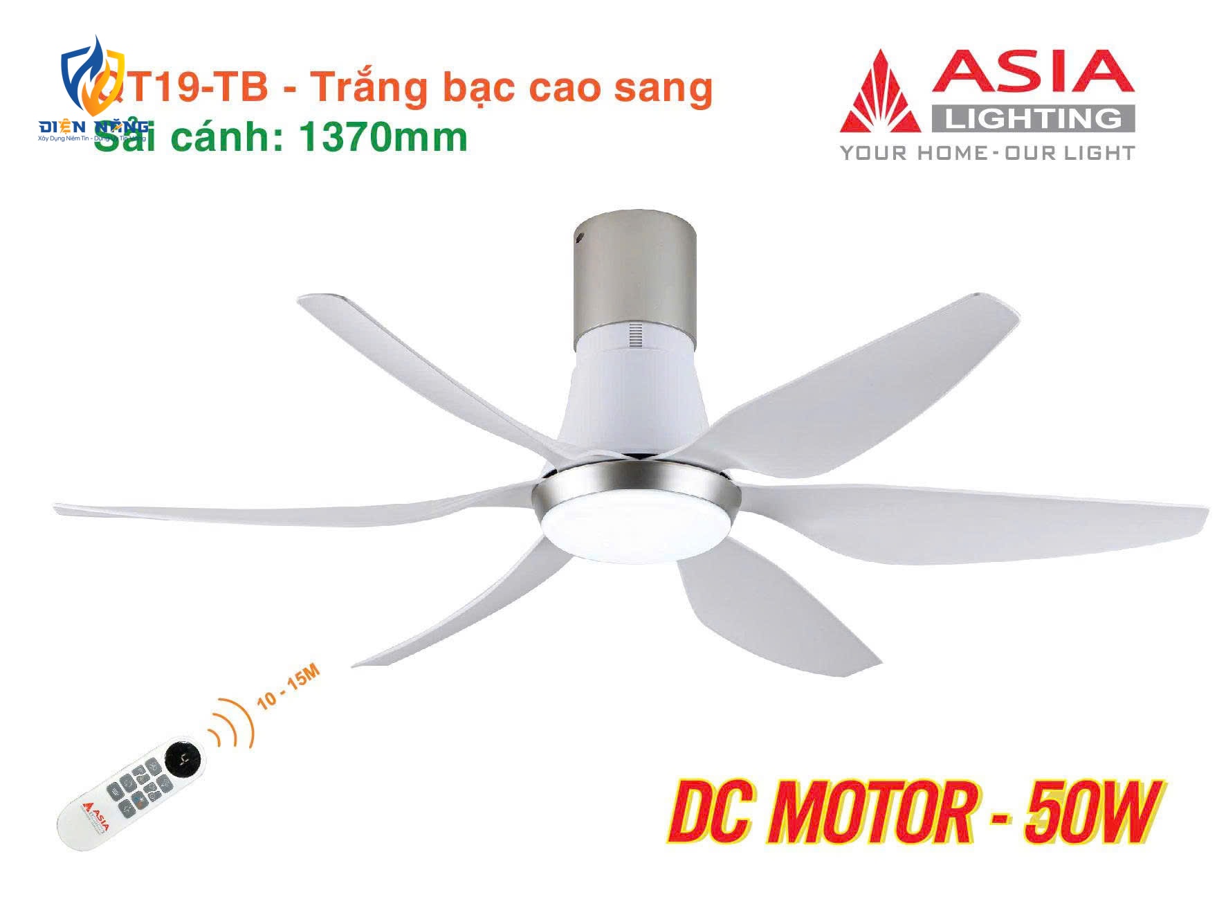 Quạt trần đèn cao cấp 6 cánh - sải cánh 1370 - QT19-TB-01 - Trắng bạc cao sang - anh 2