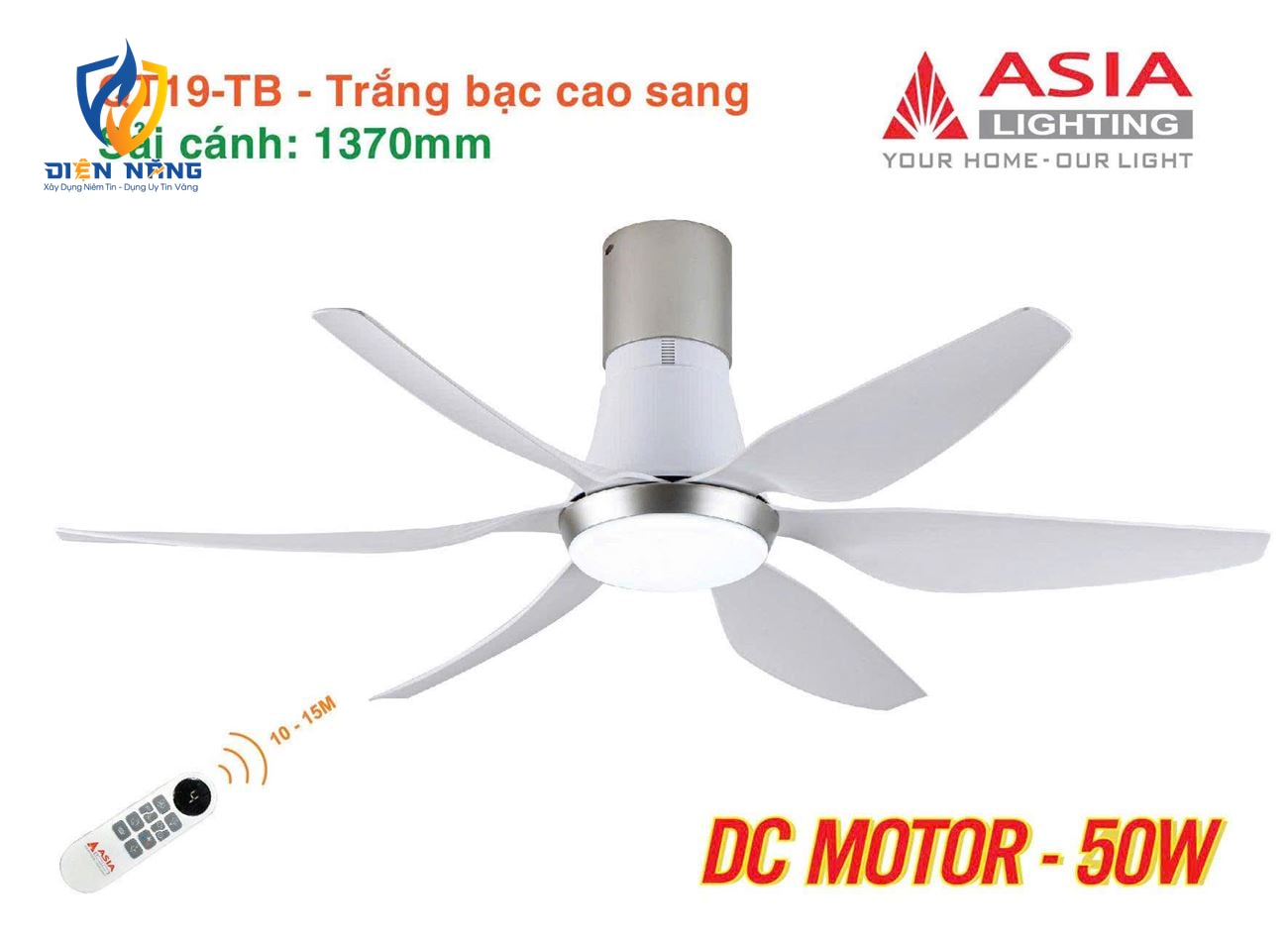 Quạt trần đèn cao cấp 6 cánh - sải cánh 1370 - QT19-TB-01 - Trắng bạc cao sang