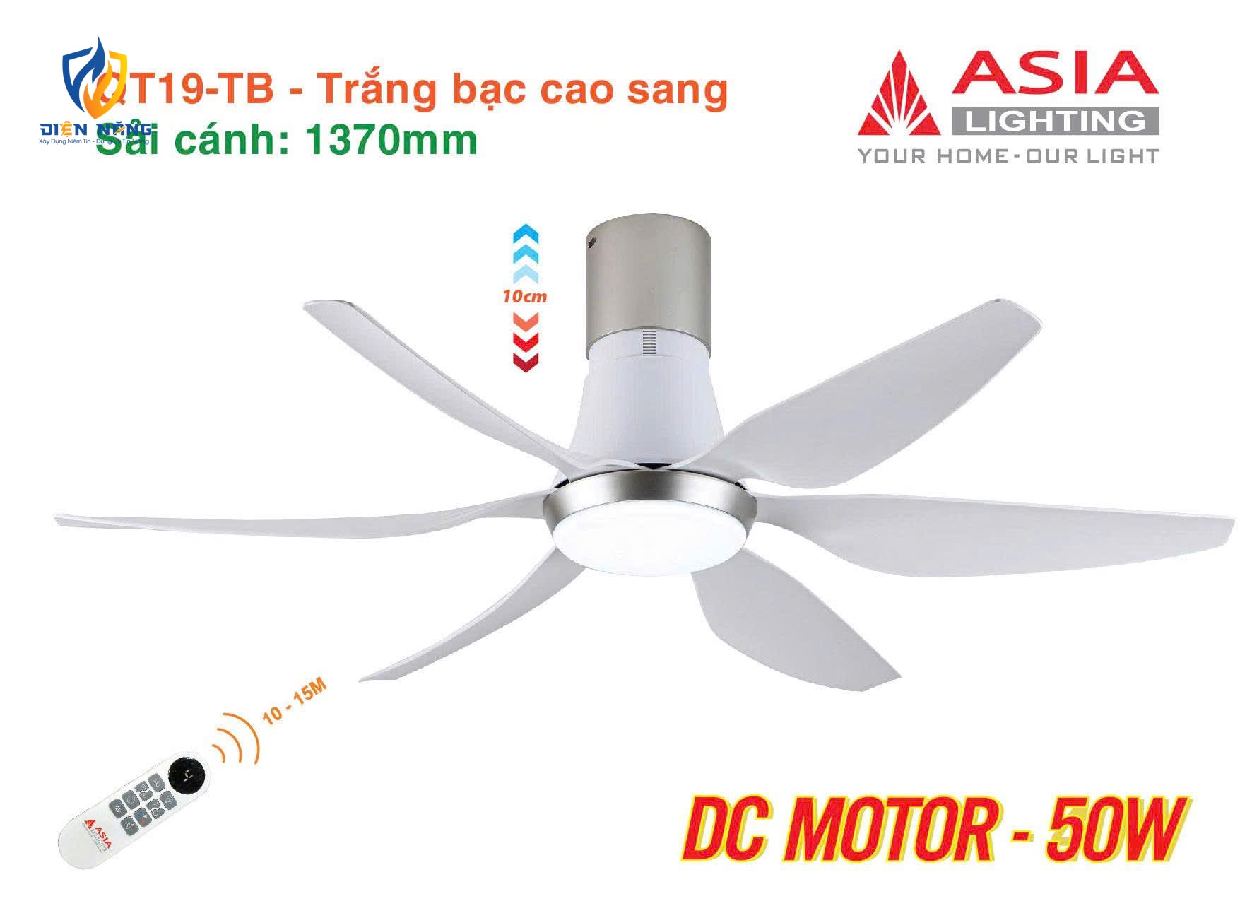 Quạt trần đèn cao cấp 6 cánh - sải cánh 1370 - QT19-TB-01 - Trắng bạc cao sang - anh 3