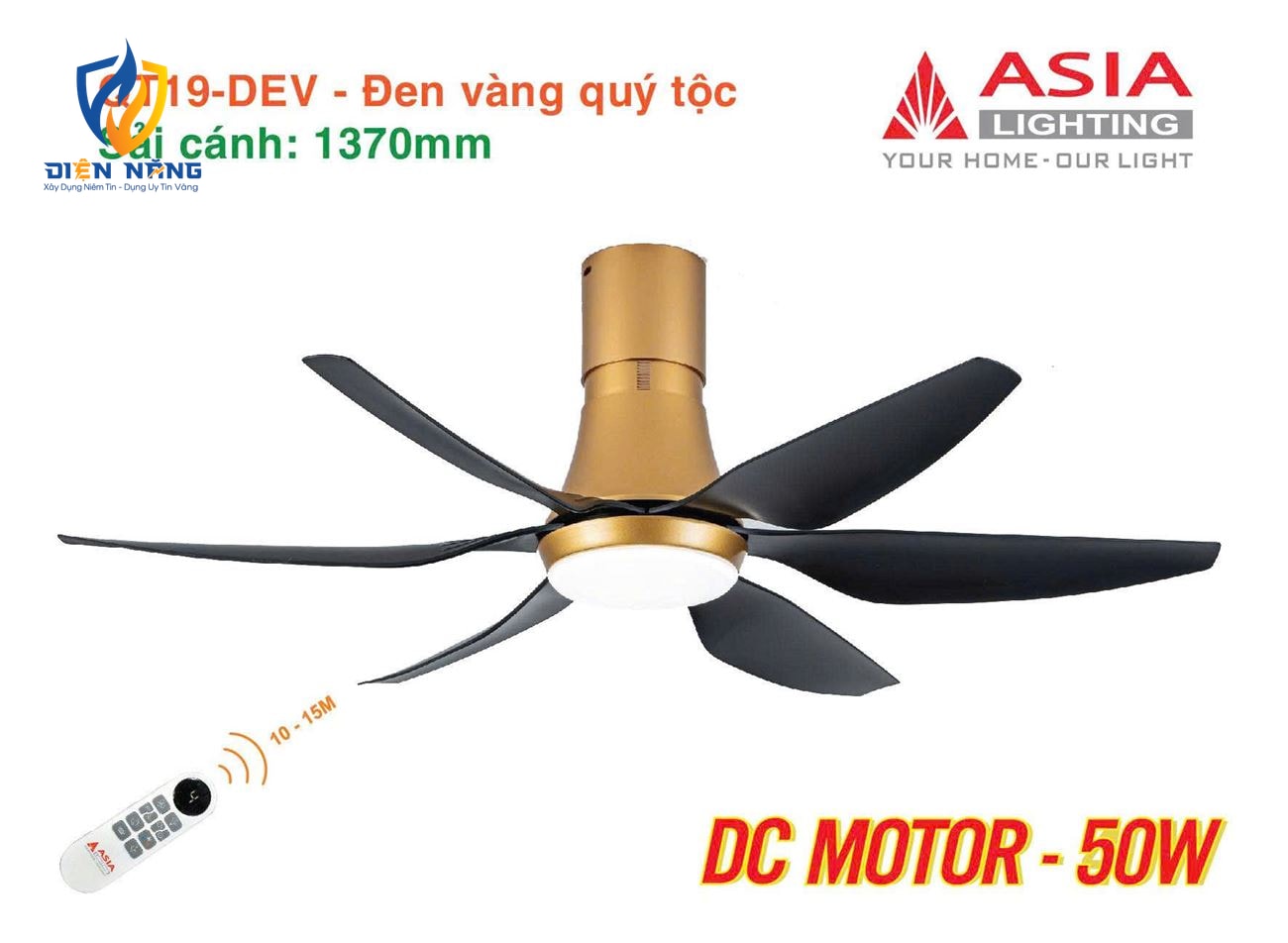 Quạt trần đèn cao cấp 6 cánh - sải cánh 1370 - QT19-DEV-01 - Đen vàng quý tộc