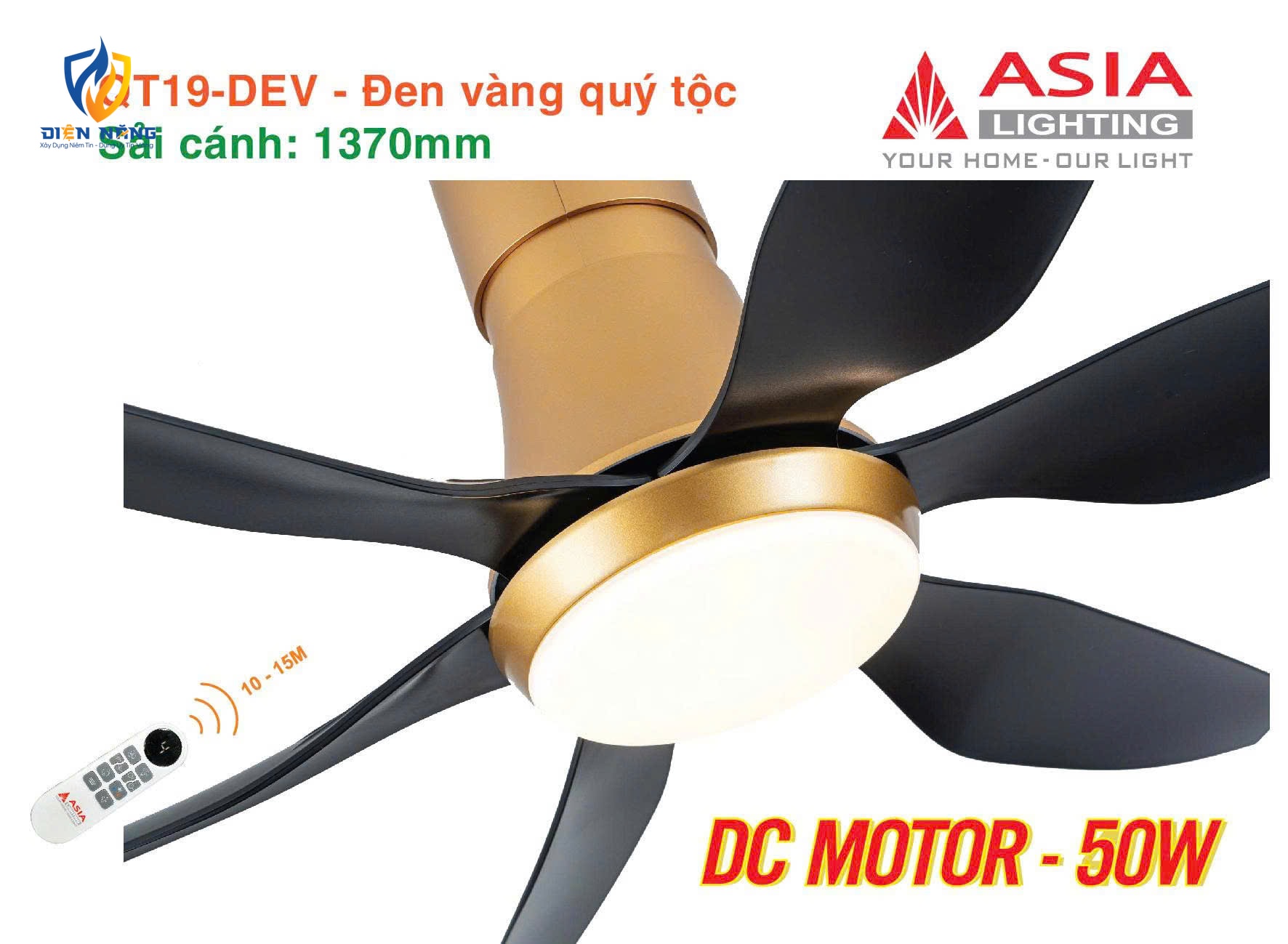Quạt trần đèn cao cấp 6 cánh - sải cánh 1370 - QT19-DEV-01 - Đen vàng quý tộc - anh 2