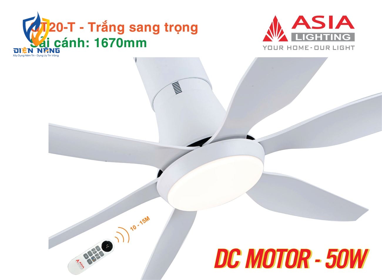 Quạt trần đèn cao cấp 6 cánh - sải cánh 1670 - QT20-T-01 - Trắng sang trọng