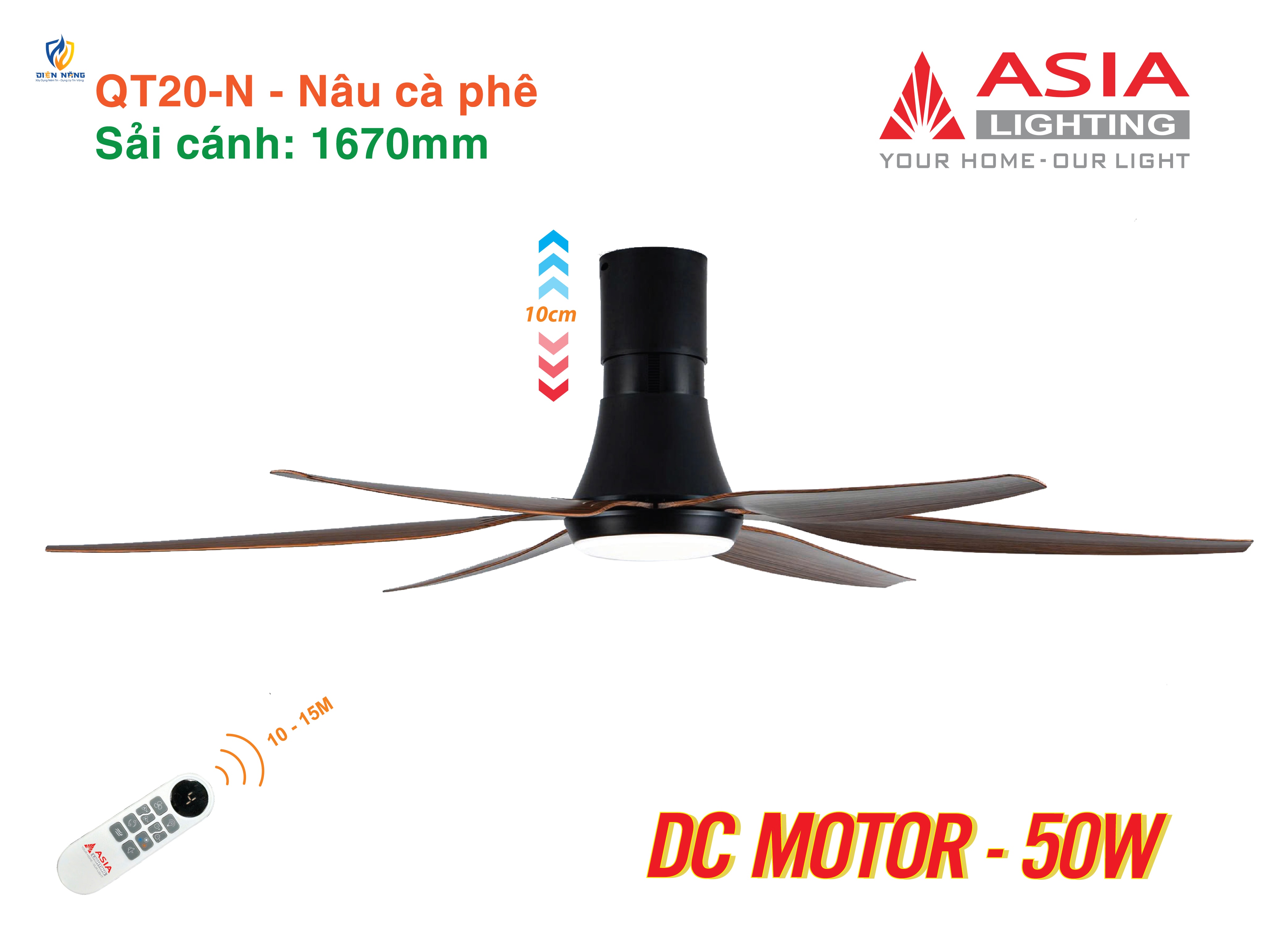 Quạt trần đèn cao cấp 6 cánh - sải cánh 1670 - QT20-N-01 - Nâu cà phê - anh 2