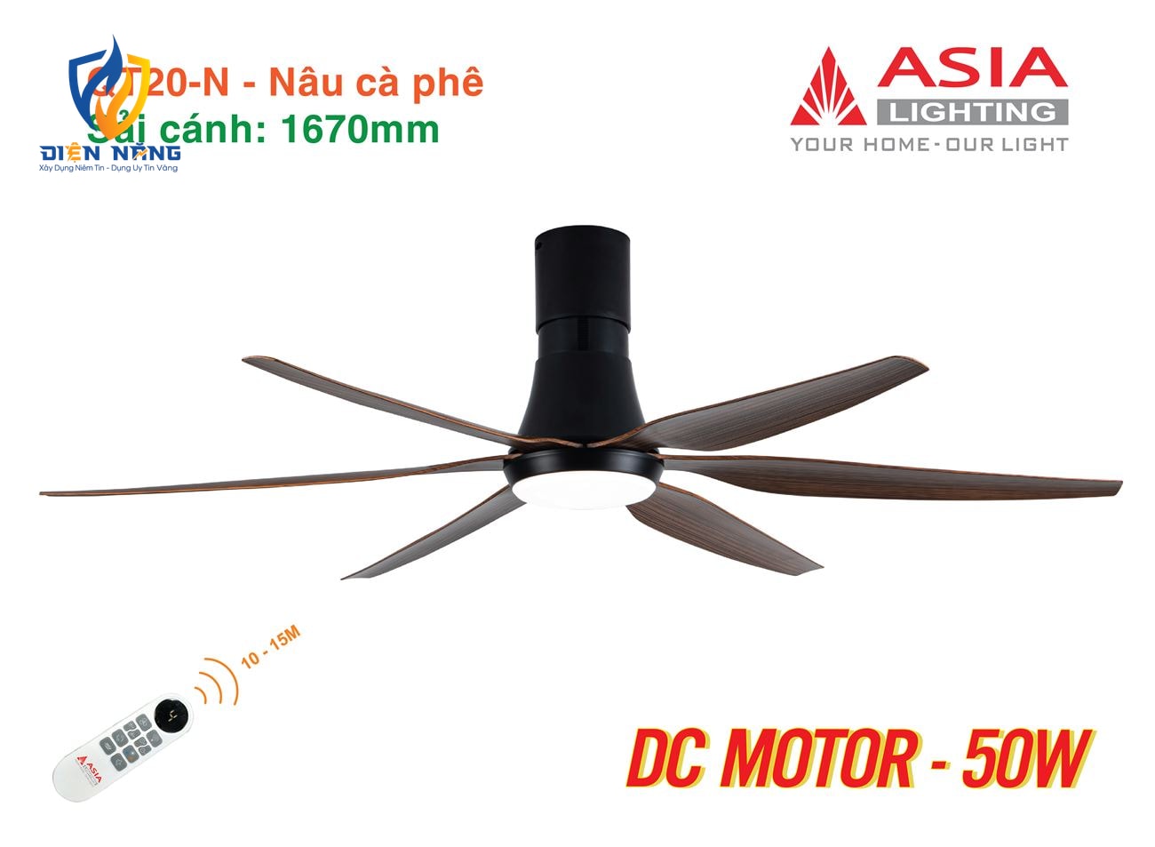 Quạt trần đèn cao cấp 6 cánh - sải cánh 1670 - QT20-N-01 - Nâu cà phê