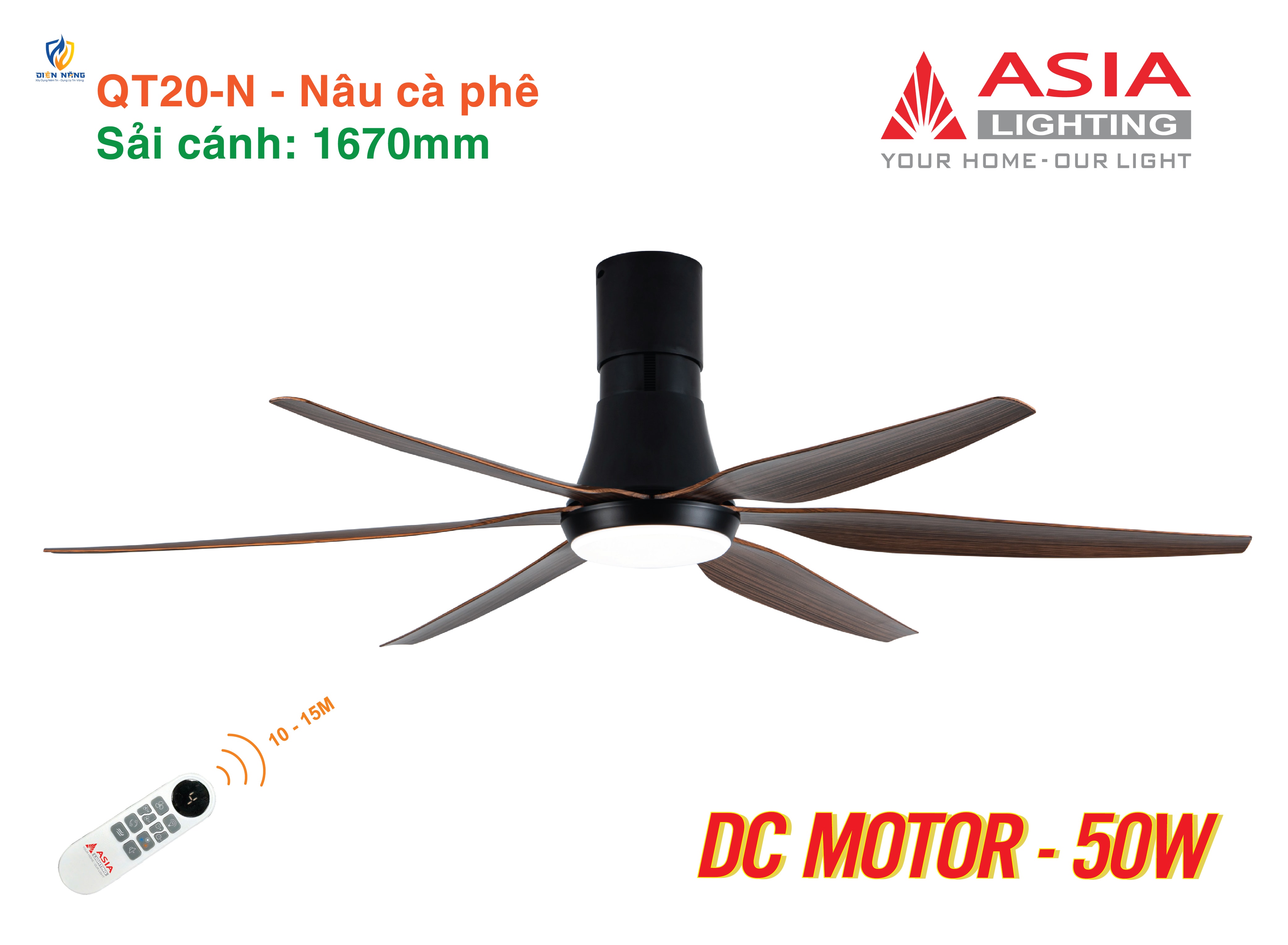 Quạt trần đèn cao cấp 6 cánh - sải cánh 1670 - QT20-N-01 - Nâu cà phê - anh 4