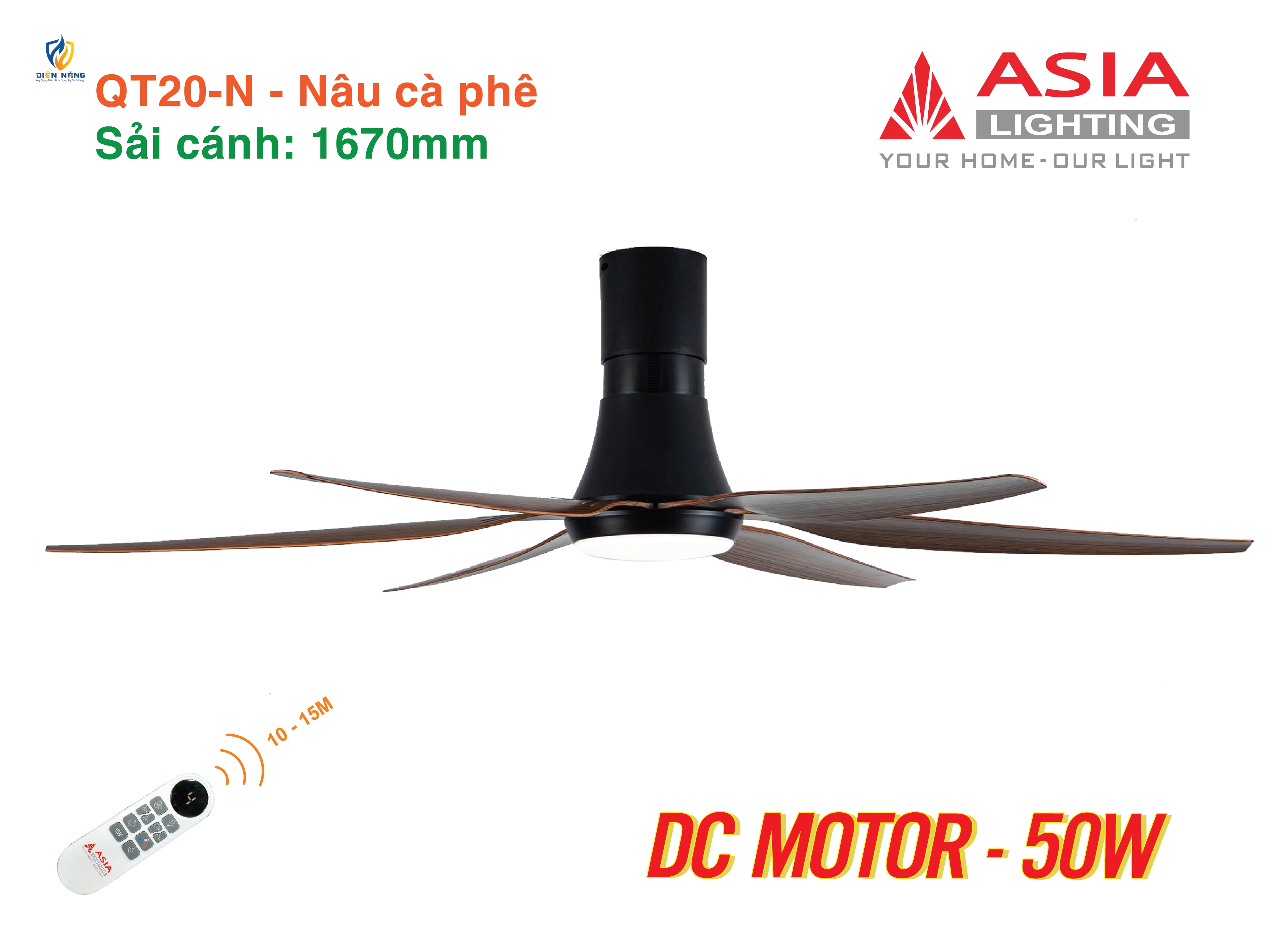 Quạt trần đèn cao cấp 6 cánh - sải cánh 1670 - QT20-N-01 - Nâu cà phê - anh 3