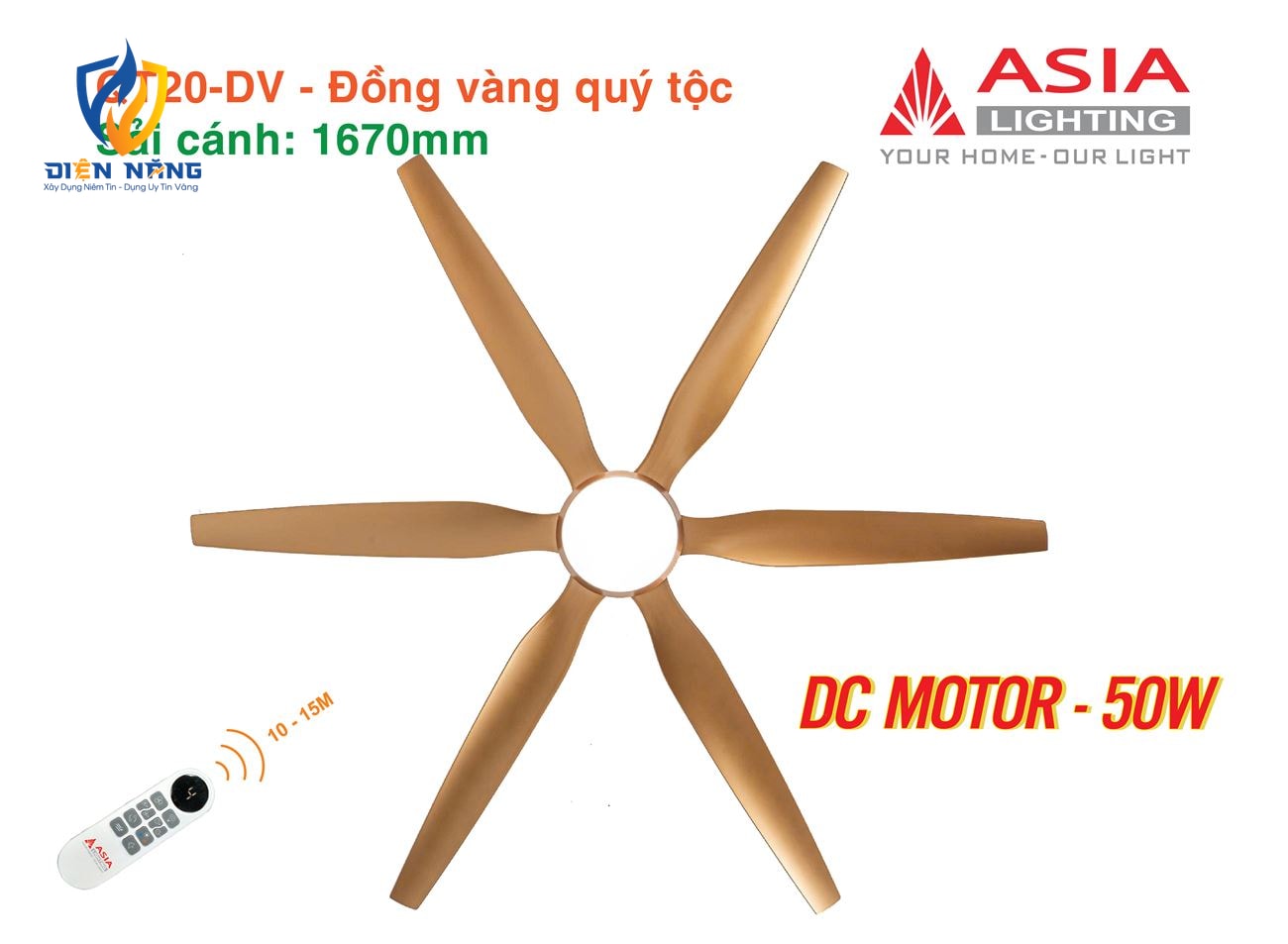 Quạt trần đèn cao cấp 6 cánh - sải cánh 1670 - QT20-DV-01 - Đồng vàng quý tộc