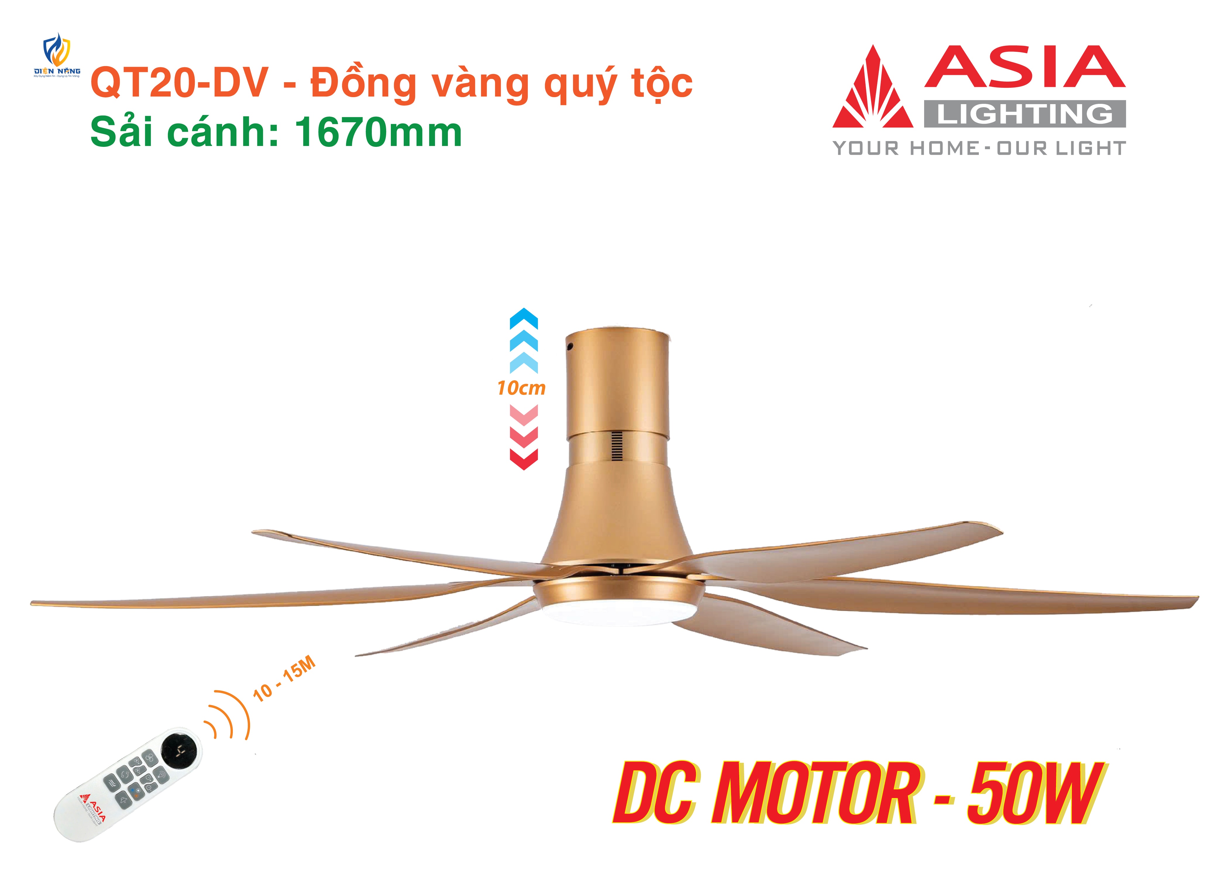 Quạt trần đèn cao cấp 6 cánh - sải cánh 1670 - QT20-DV-01 - Đồng vàng quý tộc - anh 2
