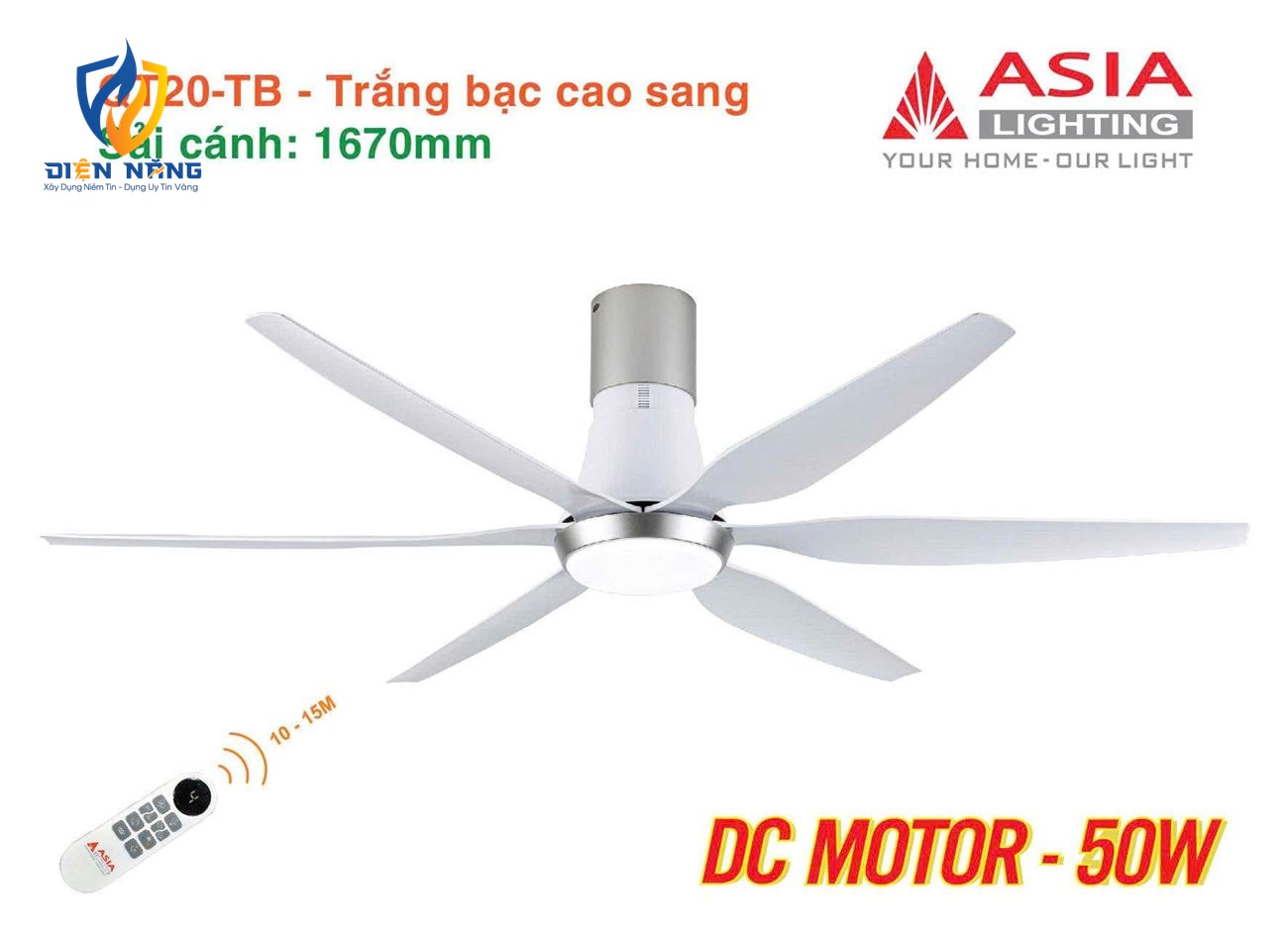 Quạt trần đèn cao cấp 6 cánh - sải cánh 1670 - QT20-TB-01 - Trắng bạc cao sang