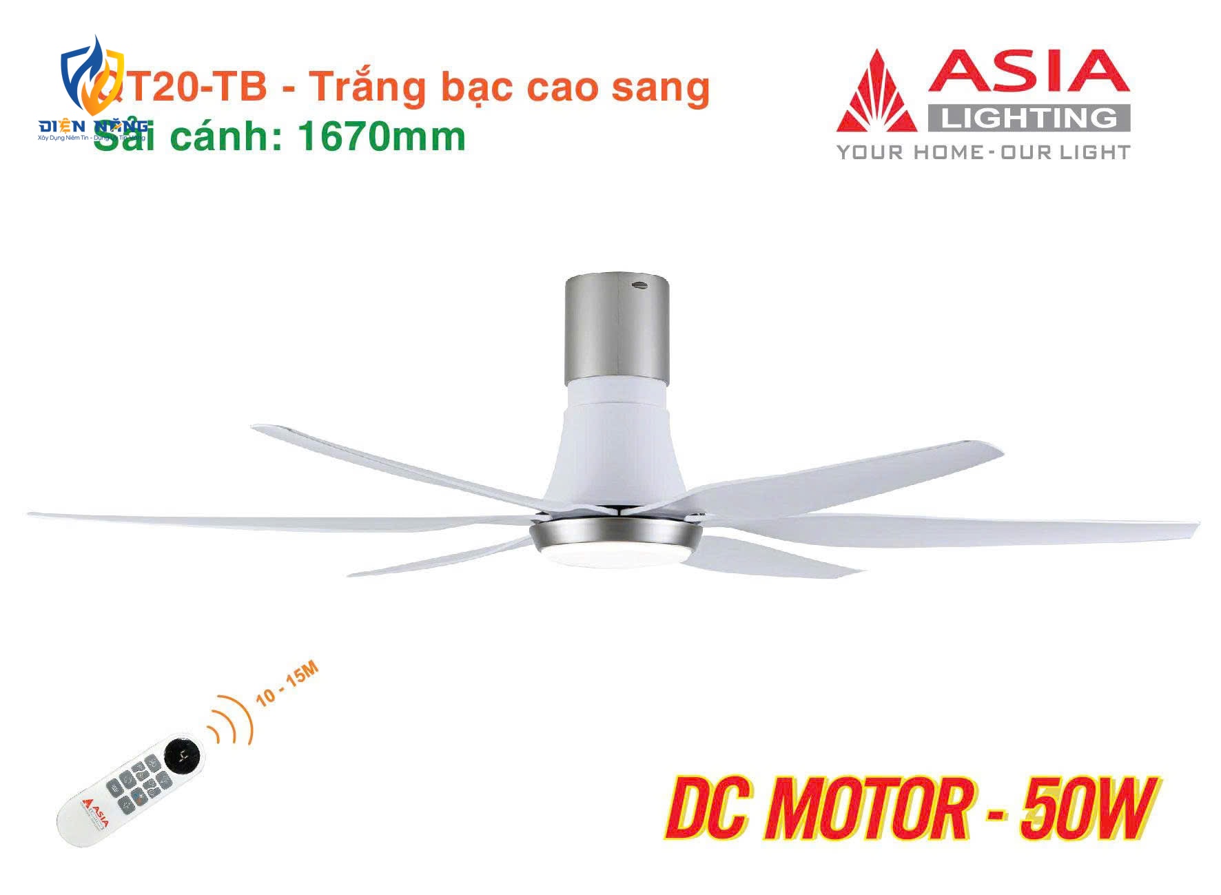 Quạt trần đèn cao cấp 6 cánh - sải cánh 1670 - QT20-TB-01 - Trắng bạc cao sang - anh 3