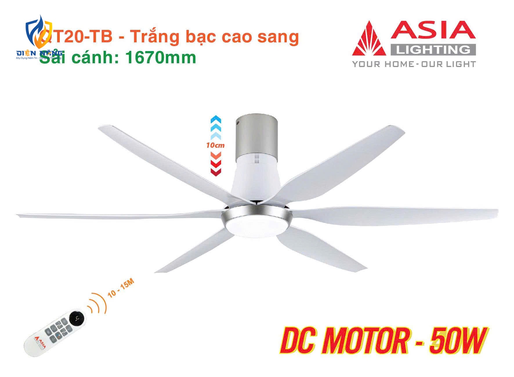 Quạt trần đèn cao cấp 6 cánh - sải cánh 1670 - QT20-TB-01 - Trắng bạc cao sang - anh 2