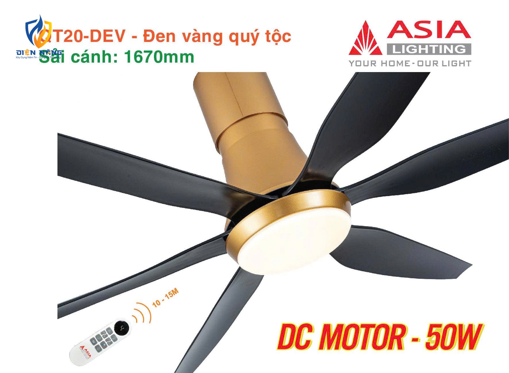 Quạt trần đèn cao cấp 6 cánh - sải cánh 1670 - QT20-DEV-01 - Đen vàng quý tộc - anh 5