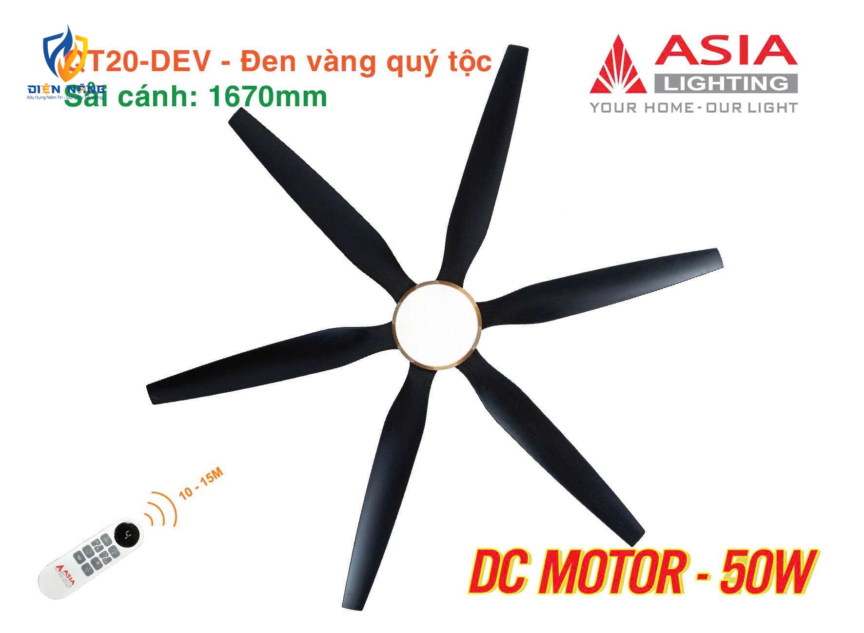 Quạt trần đèn cao cấp 6 cánh - sải cánh 1670 - QT20-DEV-01 - Đen vàng quý tộc - anh 2