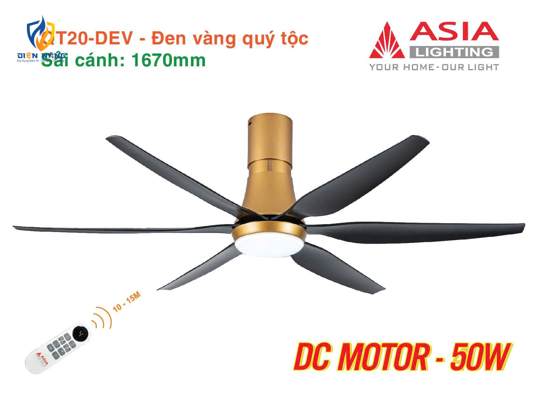 Quạt trần đèn cao cấp 6 cánh - sải cánh 1670 - QT20-DEV-01 - Đen vàng quý tộc - anh 3