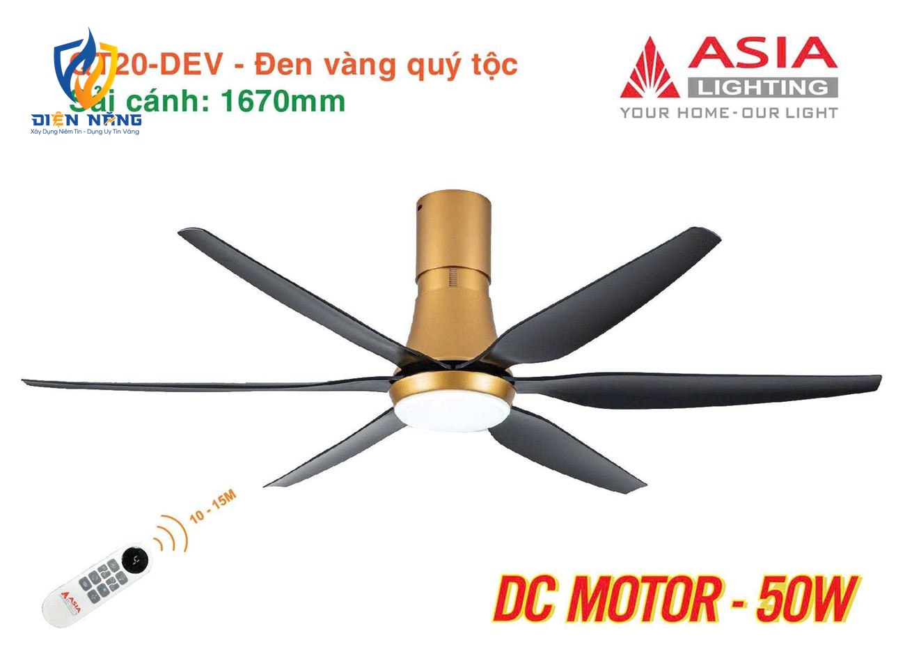 Quạt trần đèn cao cấp 6 cánh - sải cánh 1670 - QT20-DEV-01 - Đen vàng quý tộc