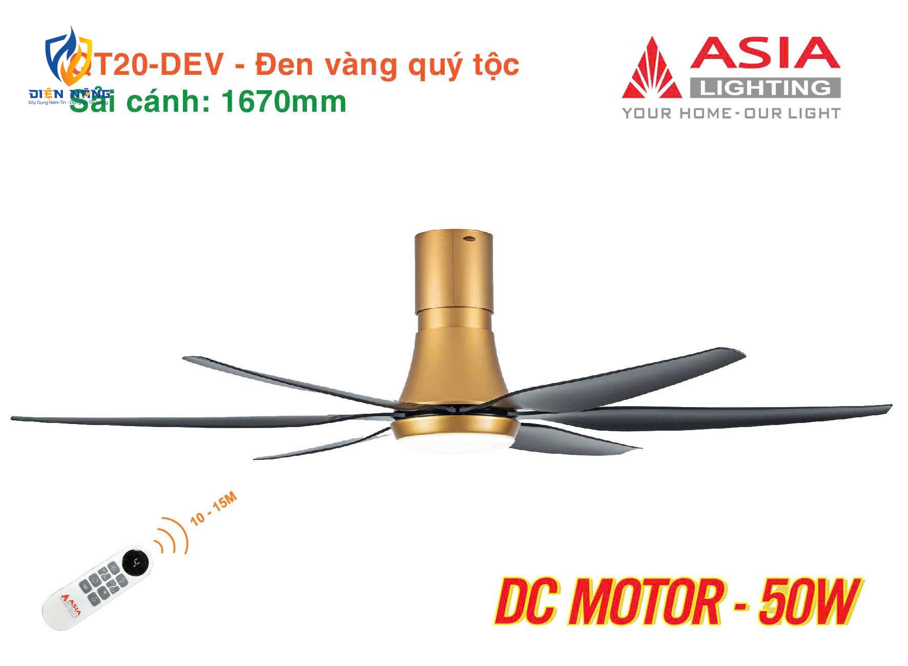 Quạt trần đèn cao cấp 6 cánh - sải cánh 1670 - QT20-DEV-01 - Đen vàng quý tộc - anh 6