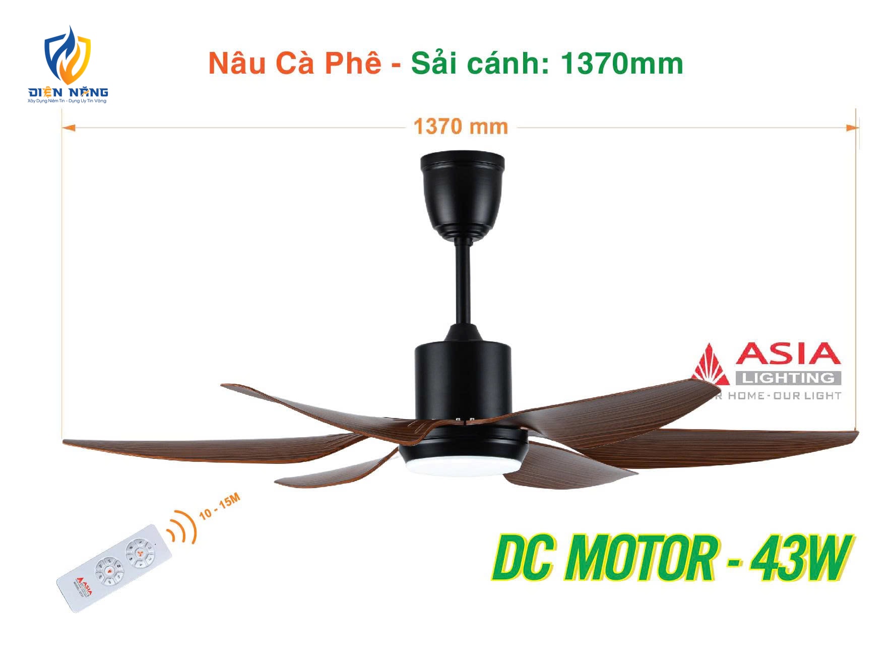Quạt trần đèn cao cấp 6 cánh - sải cánh 1370 - QT21-N-01 - Nâu cà phê - anh 2