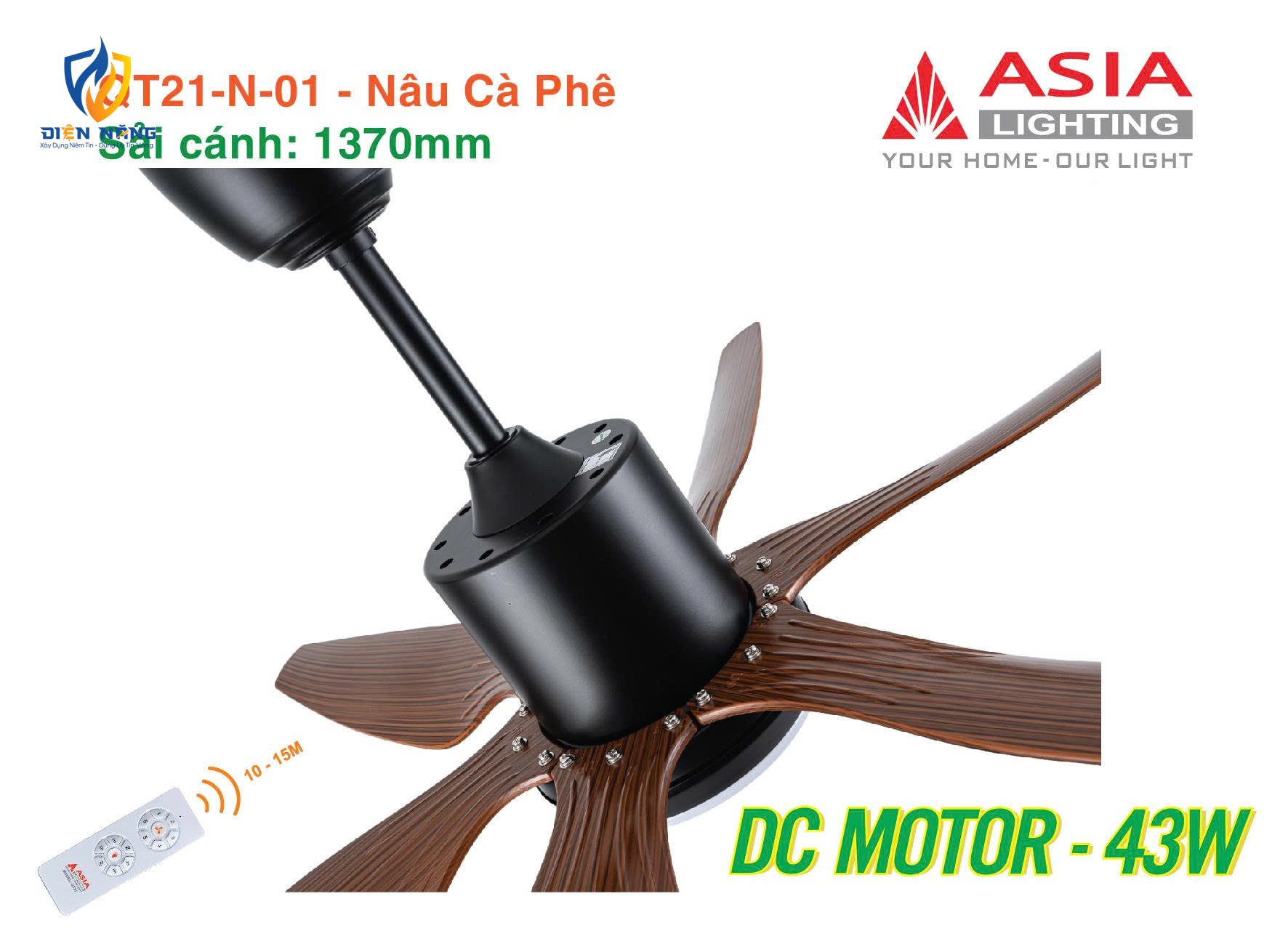 Quạt trần đèn cao cấp 6 cánh - sải cánh 1370 - QT21-N-01 - Nâu cà phê - anh 3