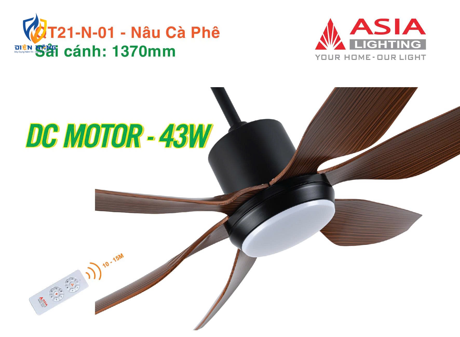 Quạt trần đèn cao cấp 6 cánh - sải cánh 1370 - QT21-N-01 - Nâu cà phê - anh 4