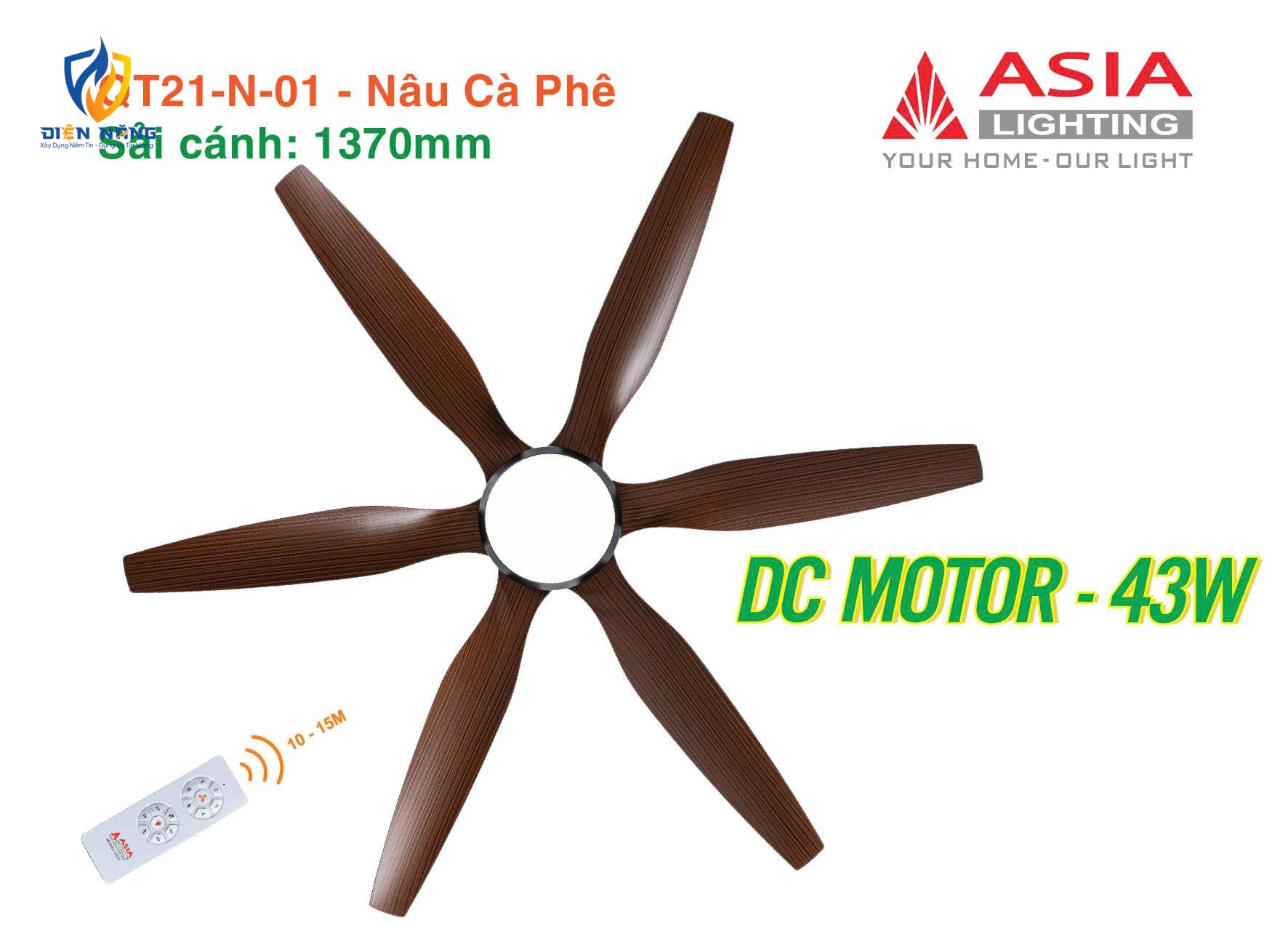 Quạt trần đèn cao cấp 6 cánh - sải cánh 1370 - QT21-N-01 - Nâu cà phê - anh 5