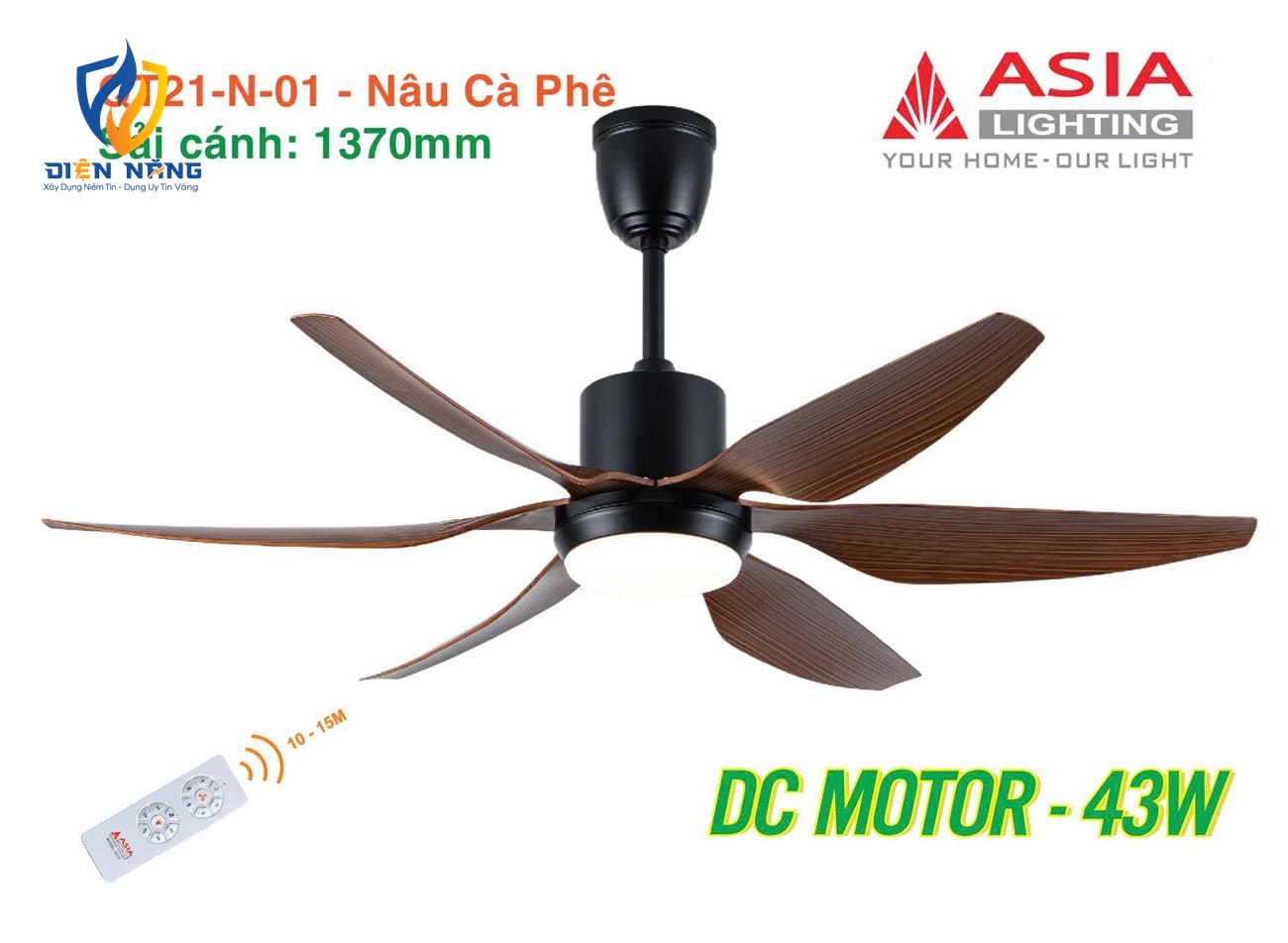 Quạt trần đèn cao cấp 6 cánh - sải cánh 1370 - QT21-N-01 - Nâu cà phê