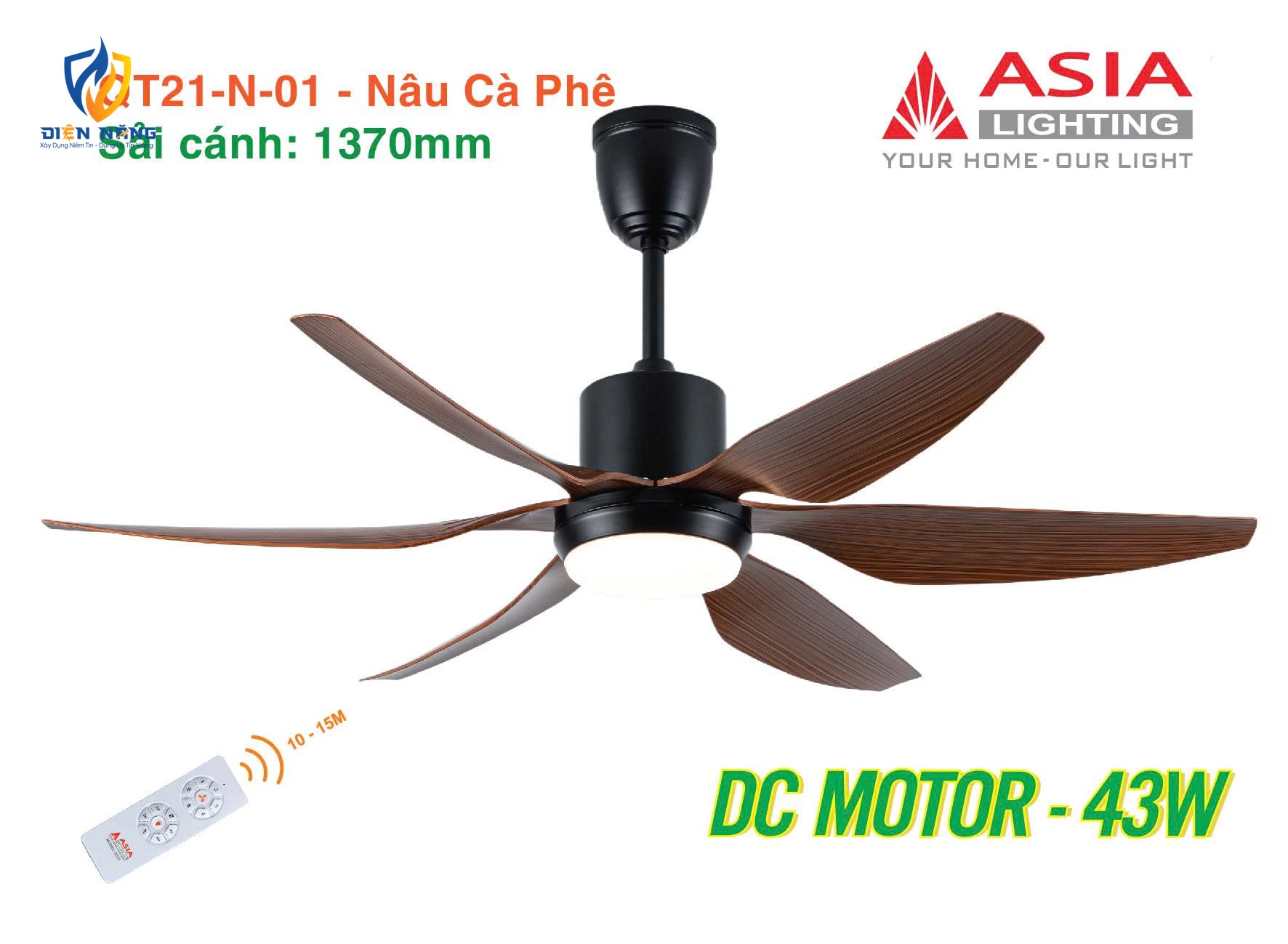 Quạt trần đèn cao cấp 6 cánh - sải cánh 1370 - QT21-N-01 - Nâu cà phê - anh 6