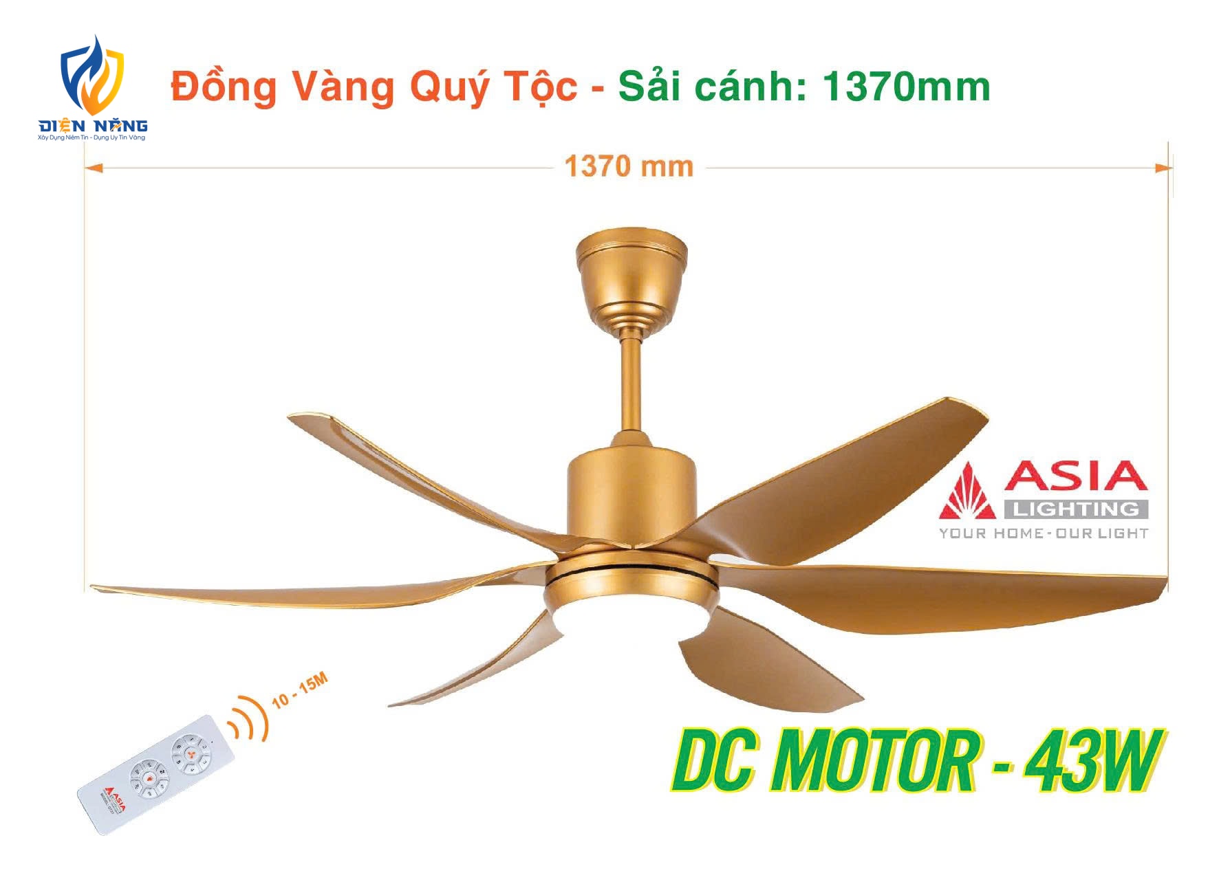 Quạt trần đèn cao cấp 6 cánh - sải cánh 1370 - QT21-N-01 - Đồng vàng quý tộc - anh 2