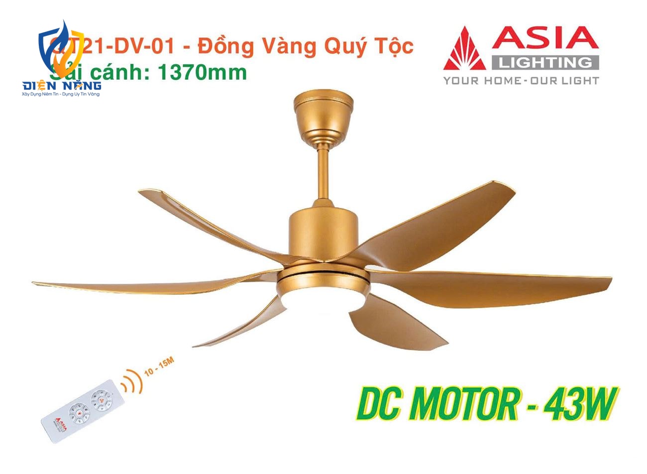 Quạt trần đèn cao cấp 6 cánh - sải cánh 1370 - QT21-N-01 - Đồng vàng quý tộc