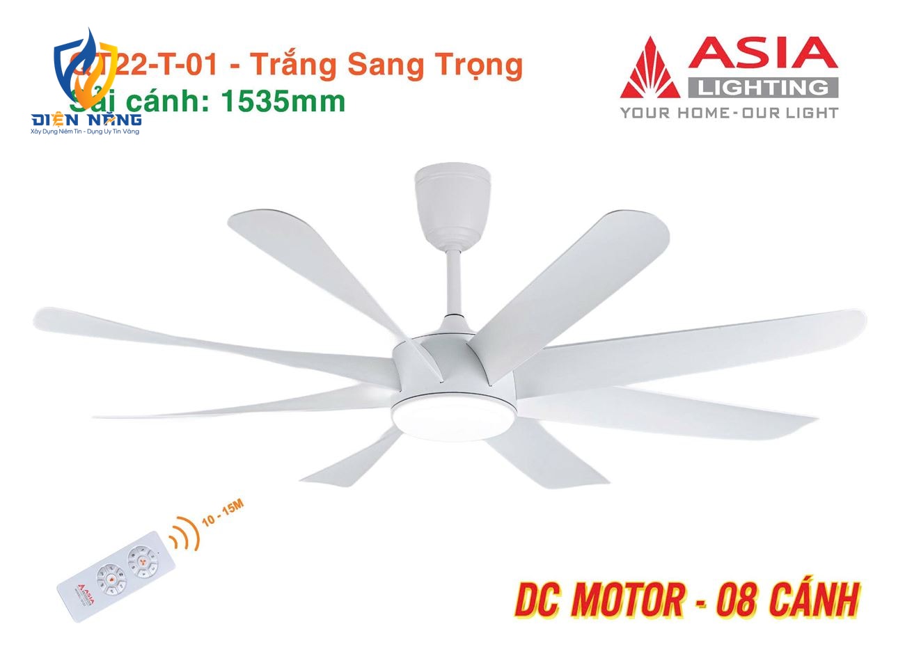 Quạt trần đèn cao cấp 08 cánh - QT22 - Trắng sang trọng