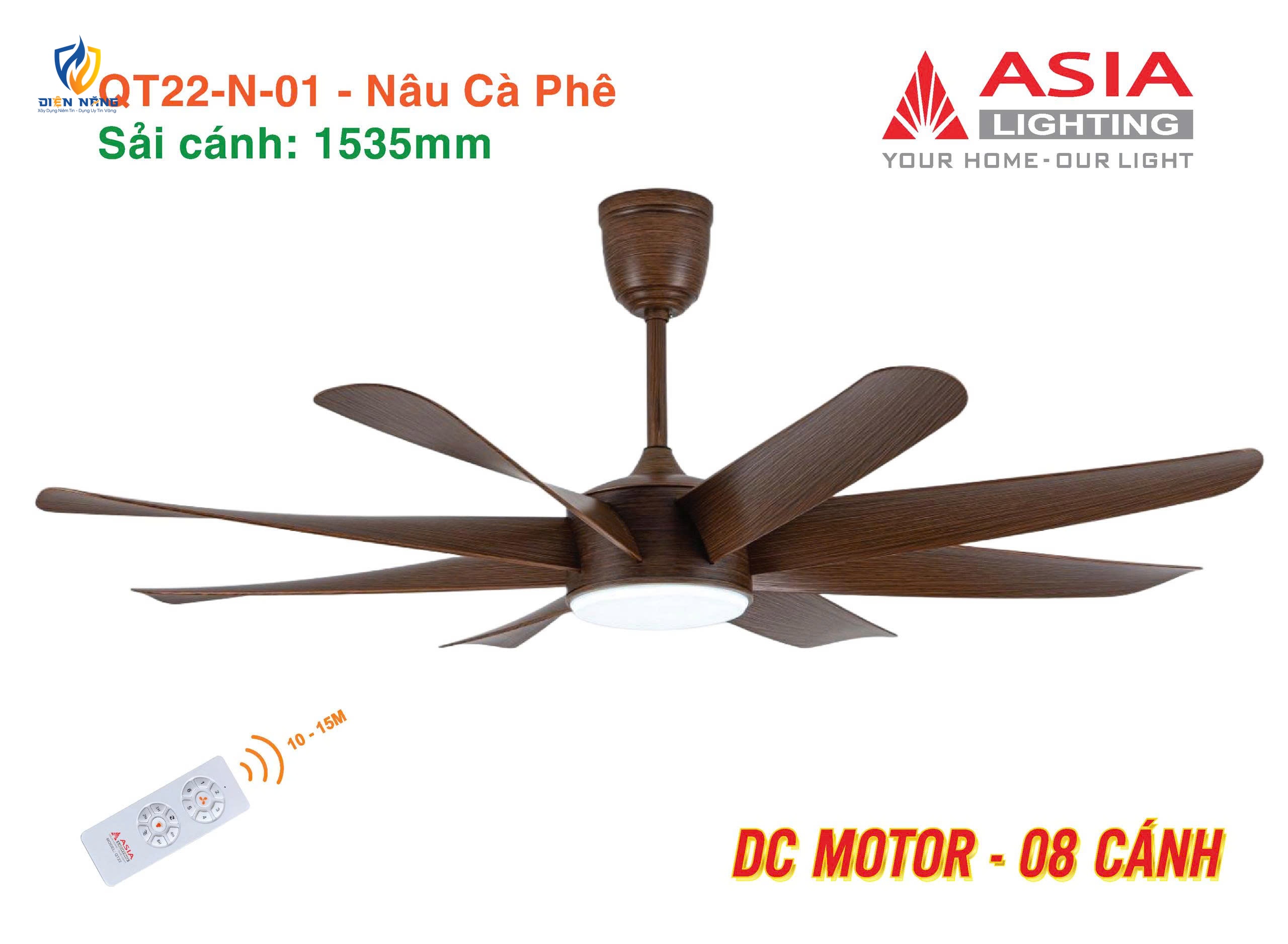 Quạt trần đèn cao cấp 08 cánh - QT22 - Nâu cà phê - anh 6