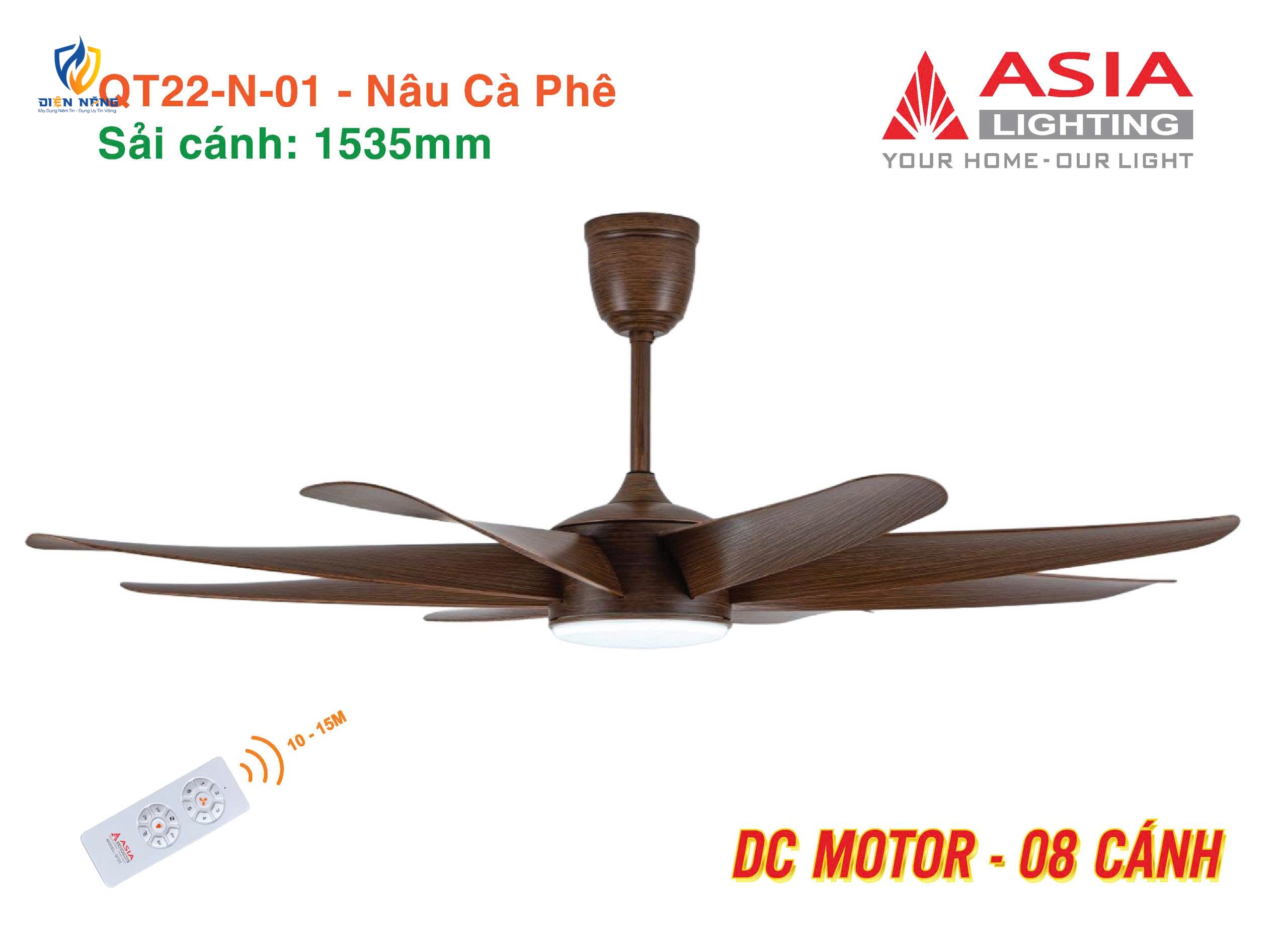 Quạt trần đèn cao cấp 08 cánh - QT22 - Nâu cà phê - anh 5