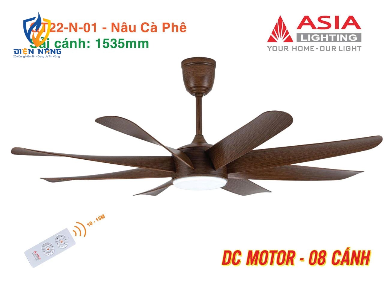Quạt trần đèn cao cấp 08 cánh - QT22 - Nâu cà phê